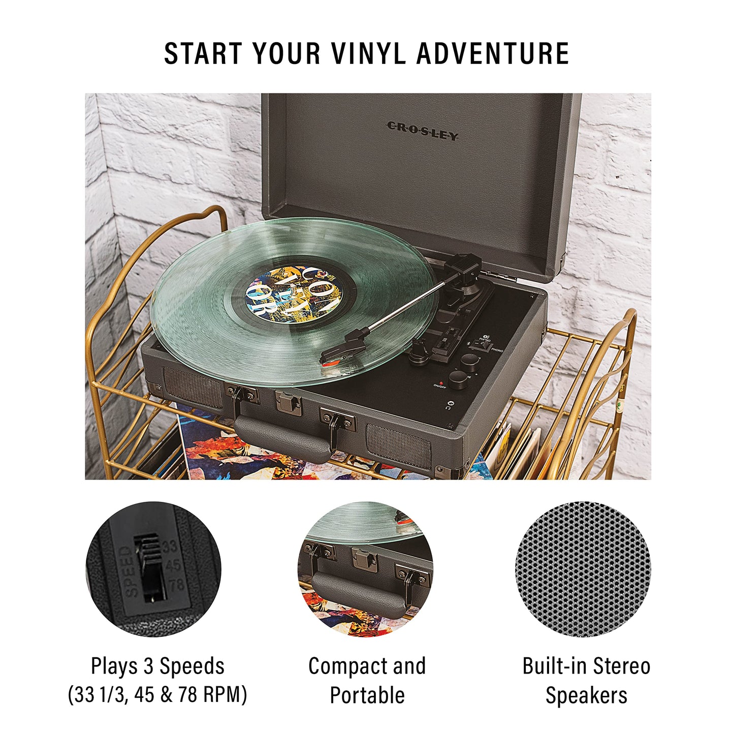 Crosley CR8005F-SG Cruiser Plus Vintage 3-Speed Bluetooth in/out Suitcase Turntable, Slate