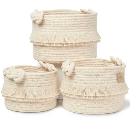 NaturalCozy - Juego de 3 cestas de almacenamiento bohemias para decoración – Canastas tejidas de cuerda de algodón para organizar Artículos pequeños para bebés, ducha, cesta de regalo, maceta de