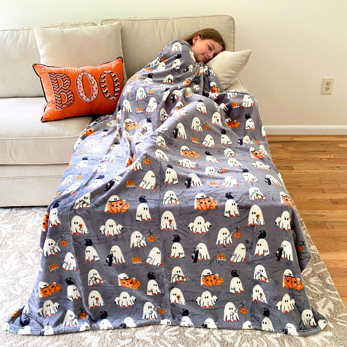 Manta de forro polar de fantasma de Halloween: fiesta de fantasmas de bebé sobre fondo gris, manta de terciopelo de felpa suave para sofá, cama, recámara, 127 x 177 cm