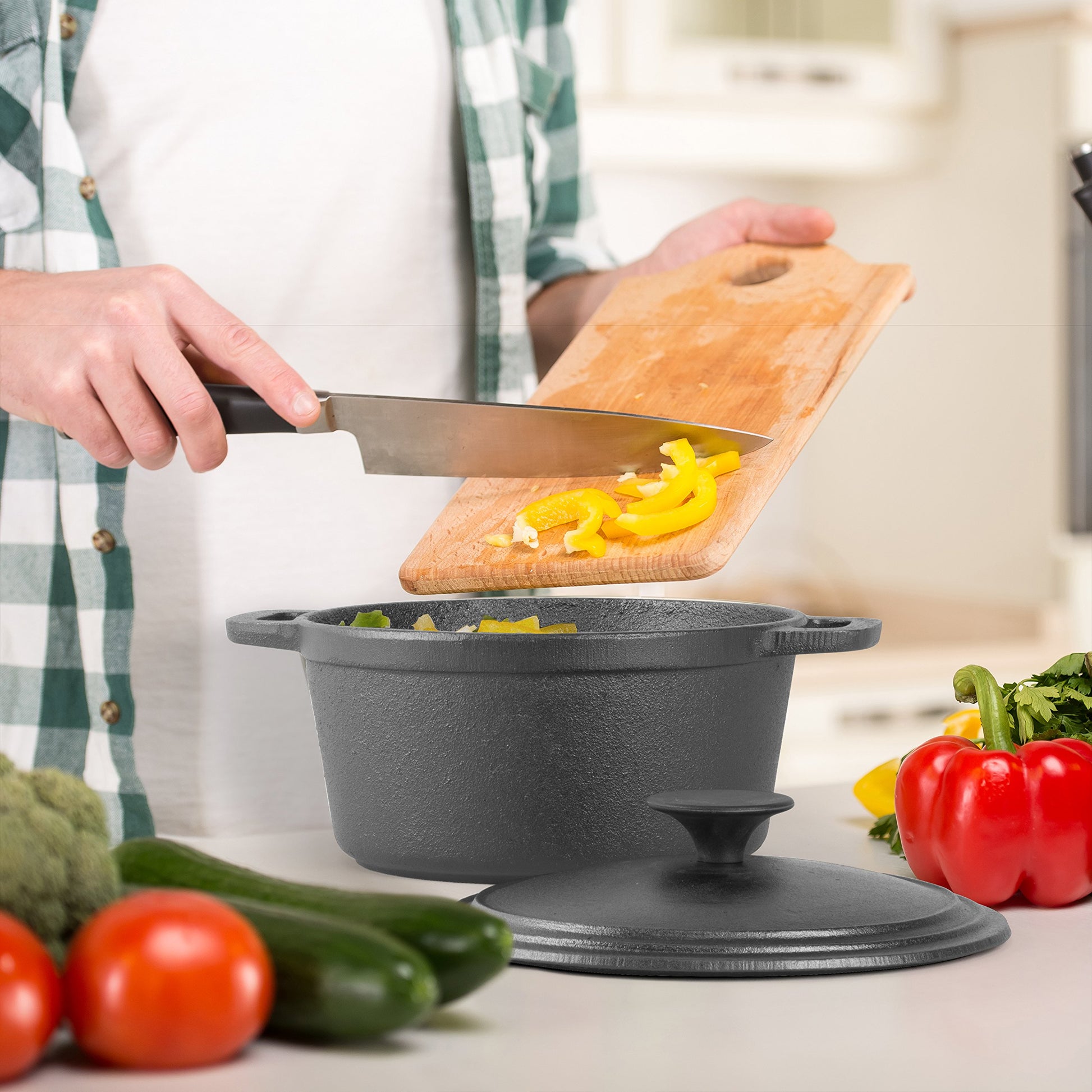 Cast Iron 3.4 Quart Cuisine Dutch Oven Set with Dome Lid & Handles for Outdoor & Indoor Cooking by Commercial Chef