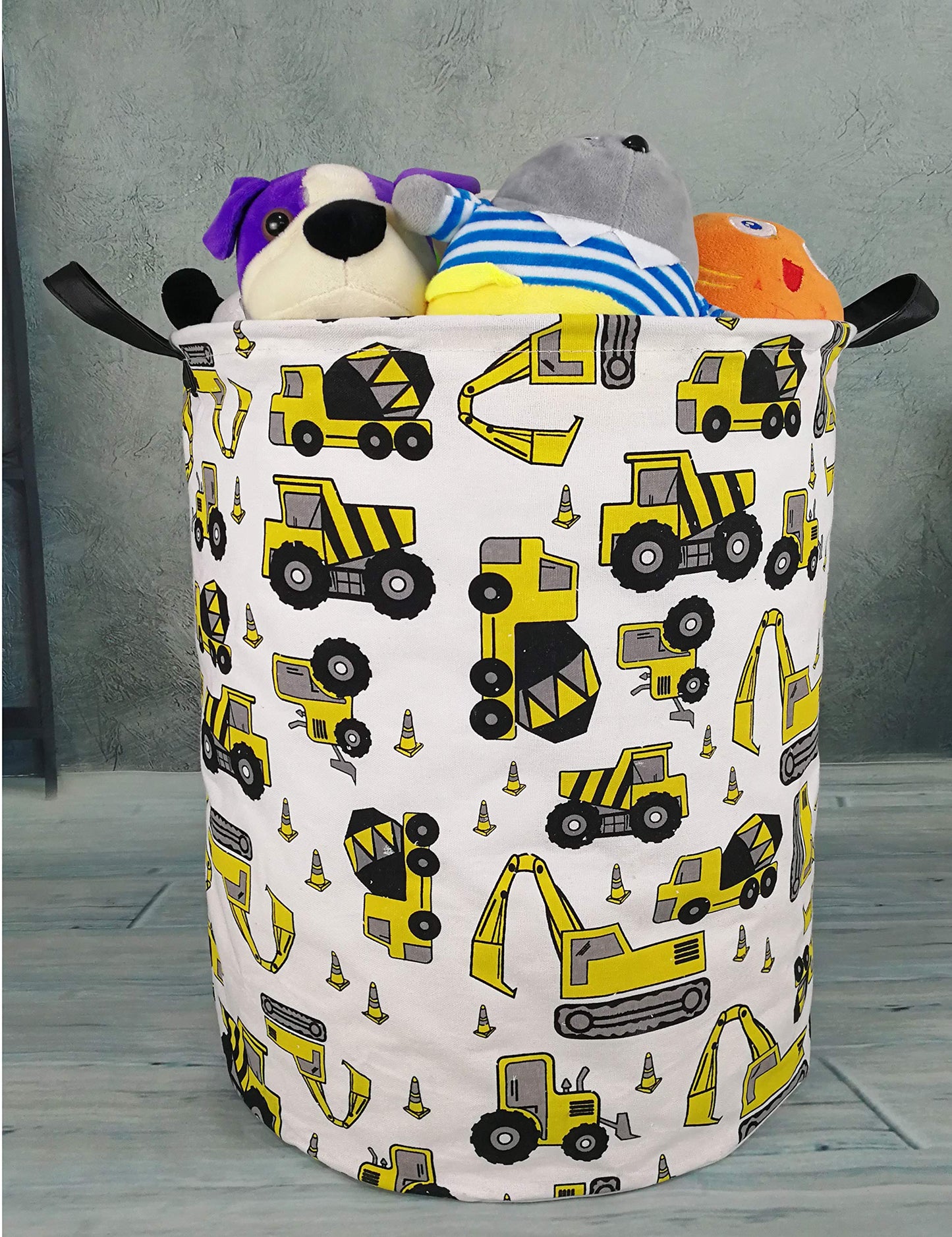 KUNRO Cesta de almacenamiento redonda de gran tamaño con revestimiento impermeable, cesta organizadora para ropa de guardería, juguetes (excavadora)