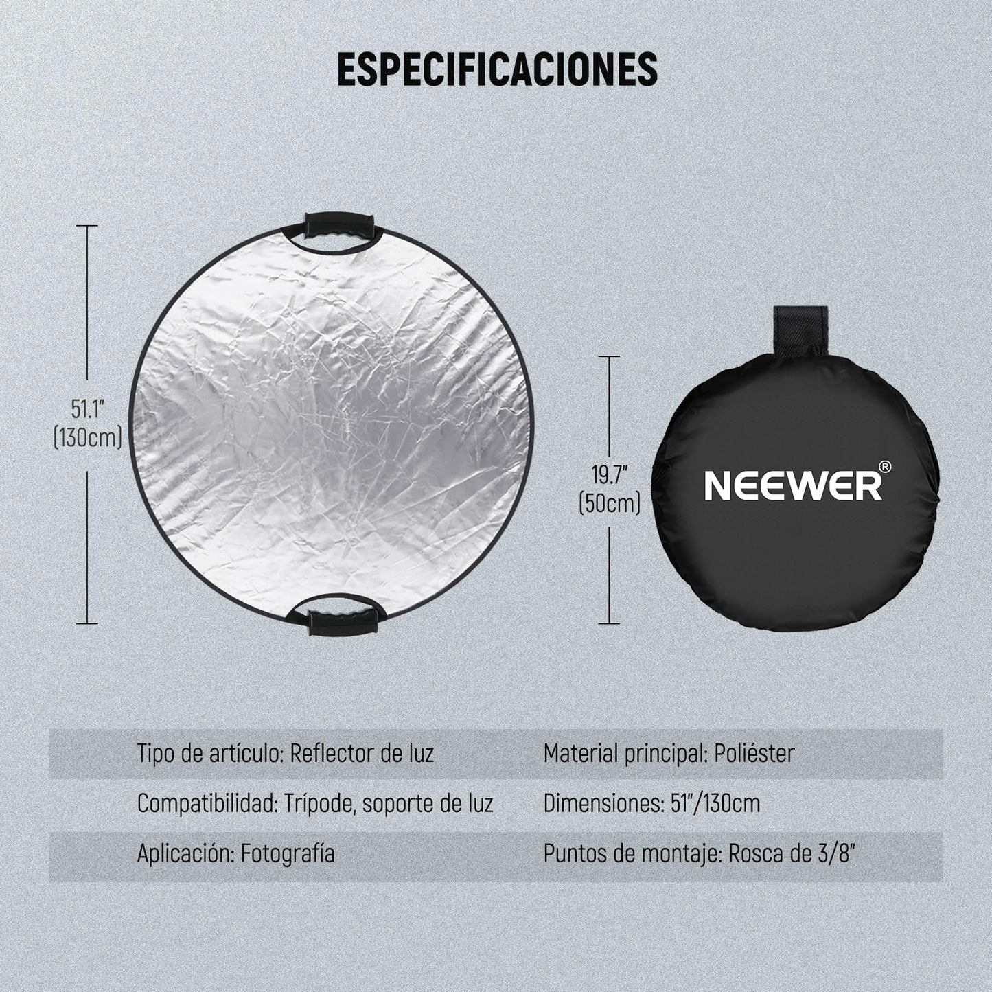 NEEWER 51"/130cm Reflector de Luz con Mango y Rosca de 3/8", Difusor de Luz de Disco Plegable 5 en 1 Translúcido/Plata/Oro/Blanco/Negro para Iluminación de Fotografía, Iluminación Exterior, RF-130II