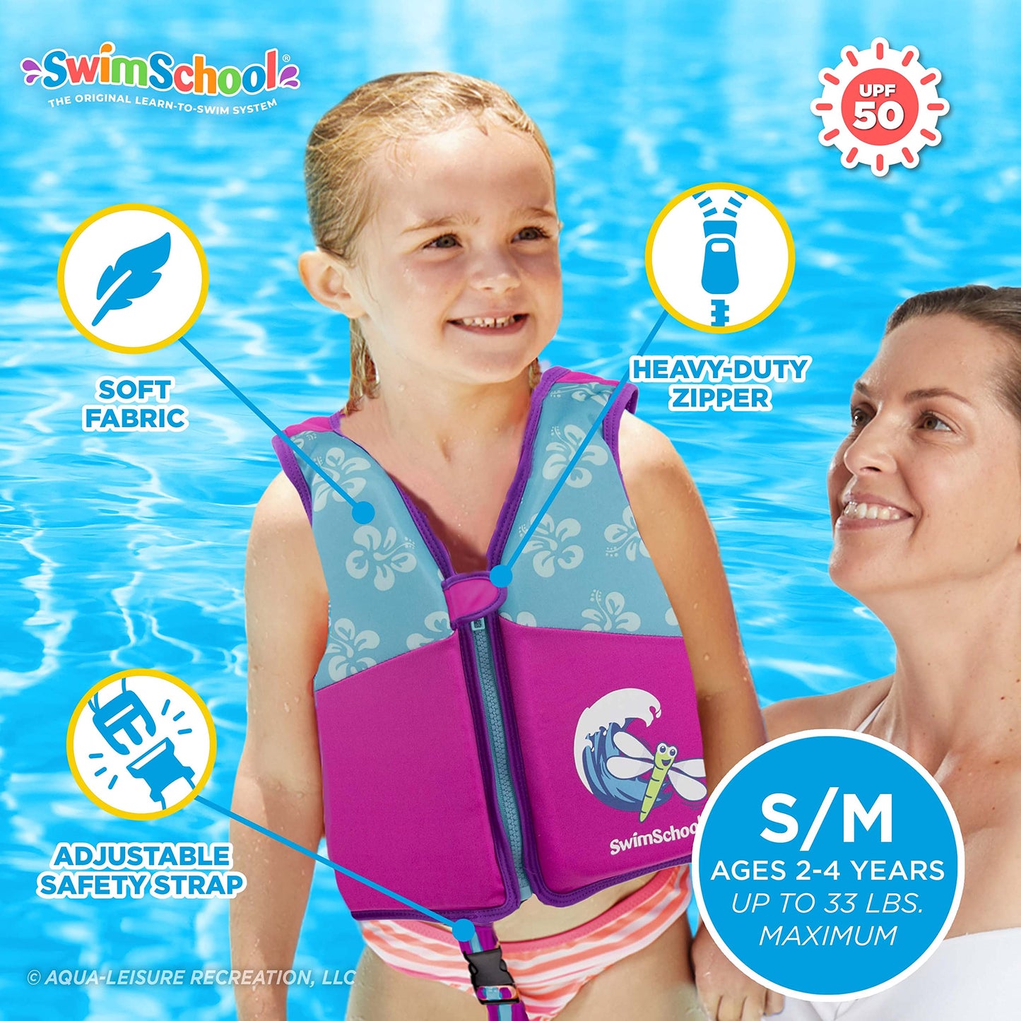 Chaleco de Natación SwimSchool Rosa Aguamarina con Hombros Acolchados para Niños