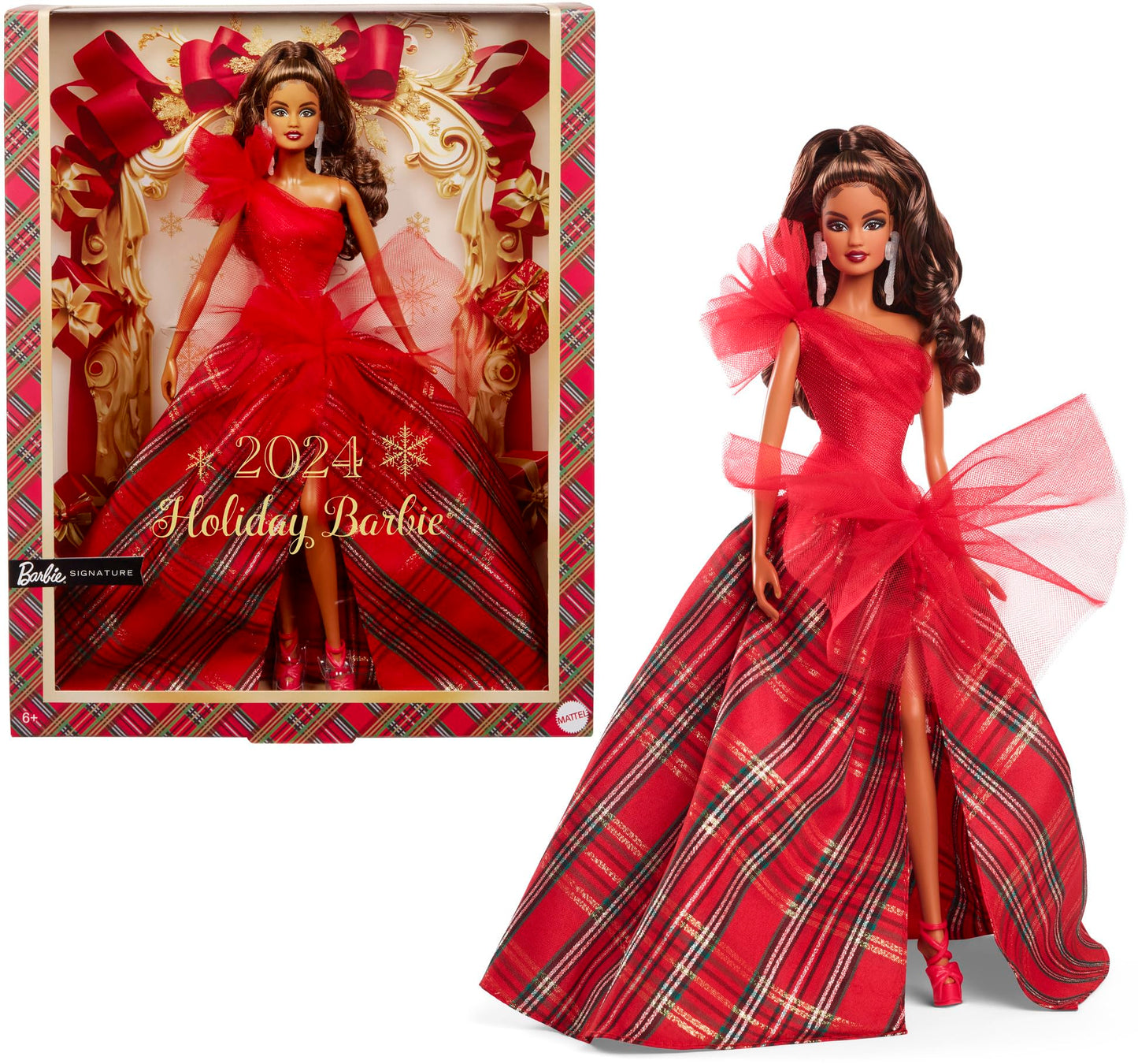 Barbie 2024 - Muñecas día Festivo, Juguete de coleccionista de Temporada, Marca, Vestido a Cuadros con Lazo Rojo, Embalaje visualizable, Cabello castaño Claro