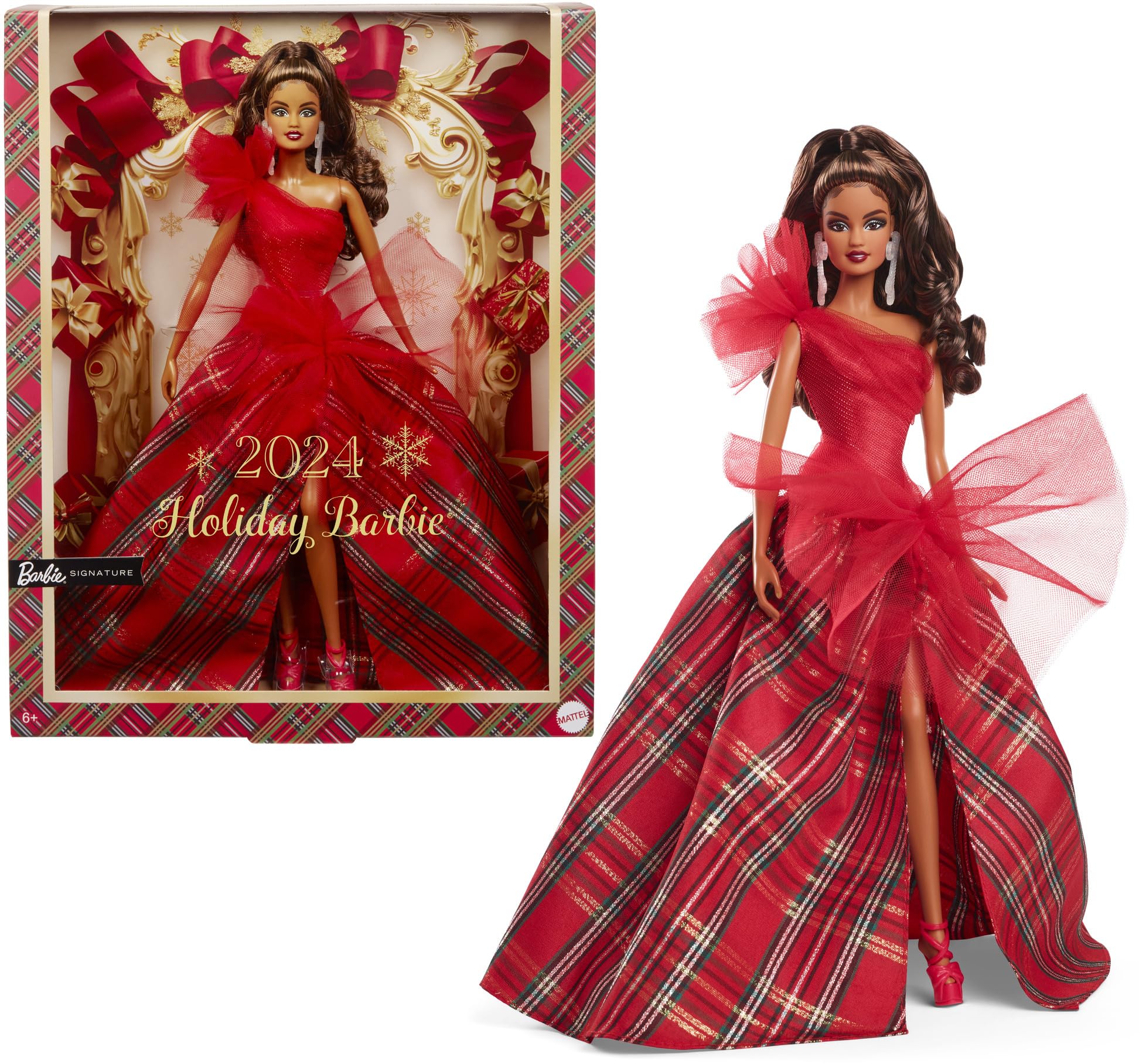 Barbie 2024 - Muñecas día Festivo, Juguete de coleccionista de Temporada, Marca, Vestido a Cuadros con Lazo Rojo, Embalaje visualizable, Cabello castaño Claro