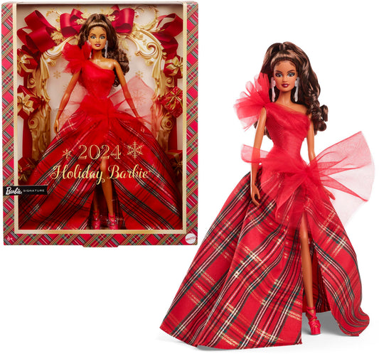 Barbie 2024 - Muñecas día Festivo, Juguete de coleccionista de Temporada, Marca, Vestido a Cuadros con Lazo Rojo, Embalaje visualizable, Cabello castaño Claro