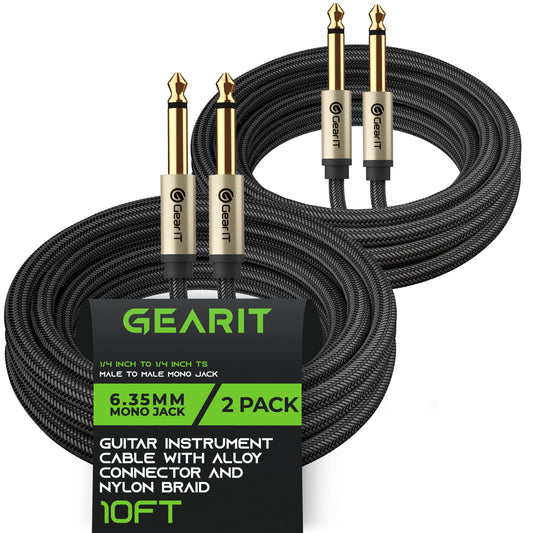 GearIT - Cable para guitarra eléctrica de 1/4 pulgadas a 1/4 pulgadas (3 metros, paquete de 2 TS recto, macho a macho, Mono Jack de 6.35 mm con conector de aleación y trenzado de nailon