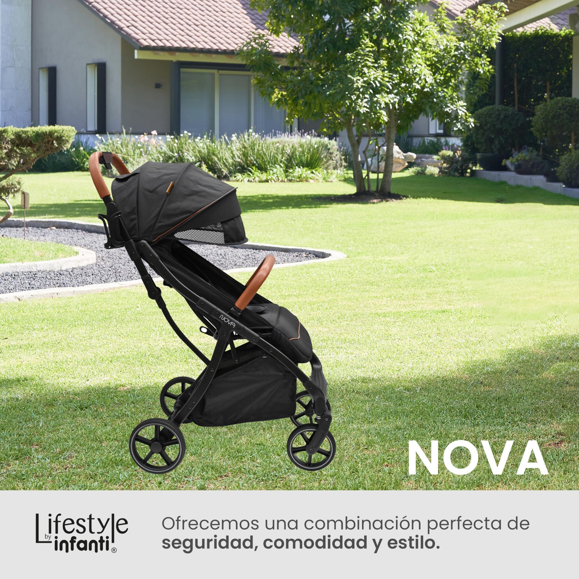 INFANTI | Carriola para Bebe Nova Negro Lifestyle | Carreola Bebé con Plegado Automático y Compacto con Arnés de 5 Puntos - Toldo Completo con Visera y Ventanilla | Reclinación Ajustable y Canastilla