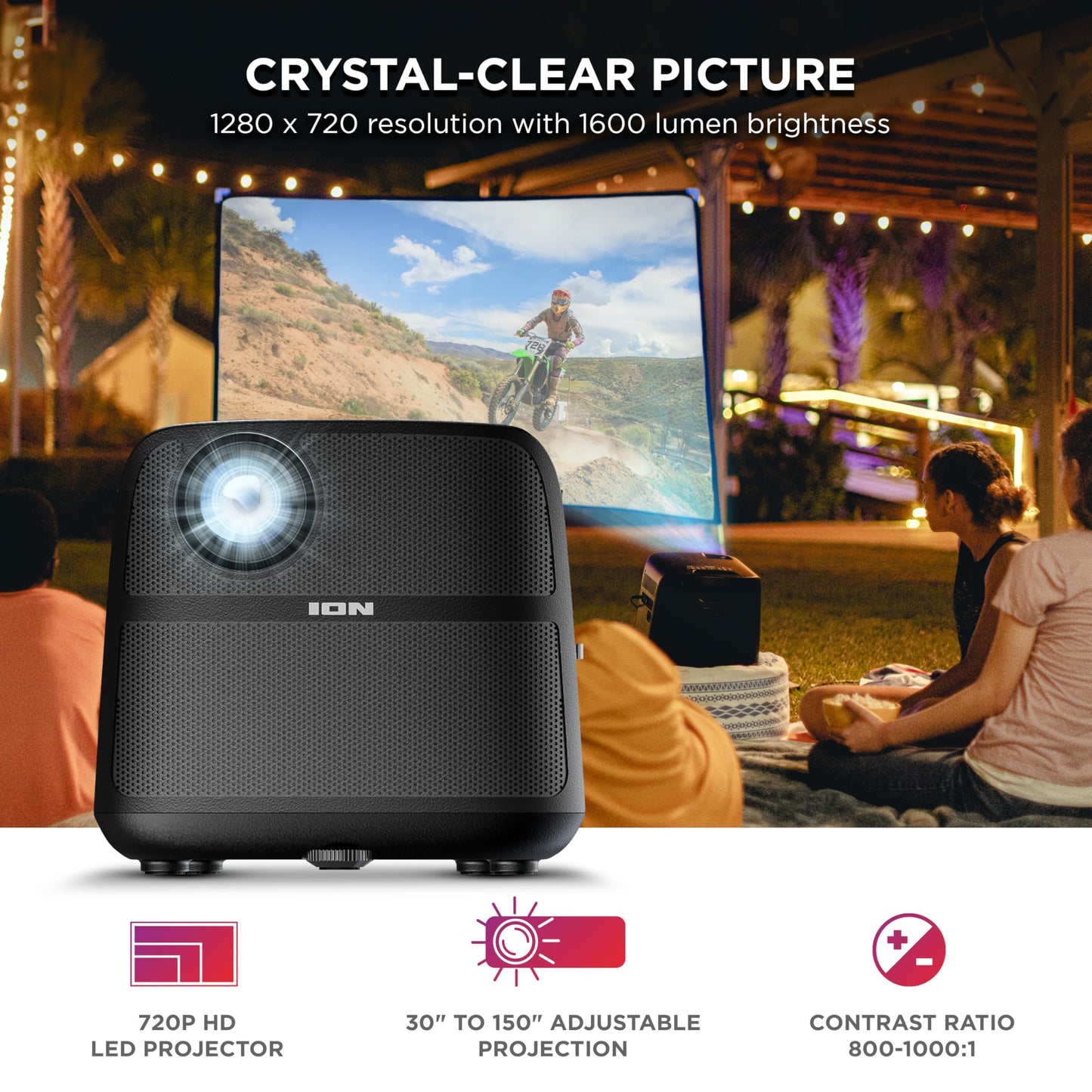 Ion Proyector LED portátil para Exteriores con Altavoces de 70 W, Bluetooth, batería Recargable, micrófono, Conexiones USB y HDMI, 720P HD
