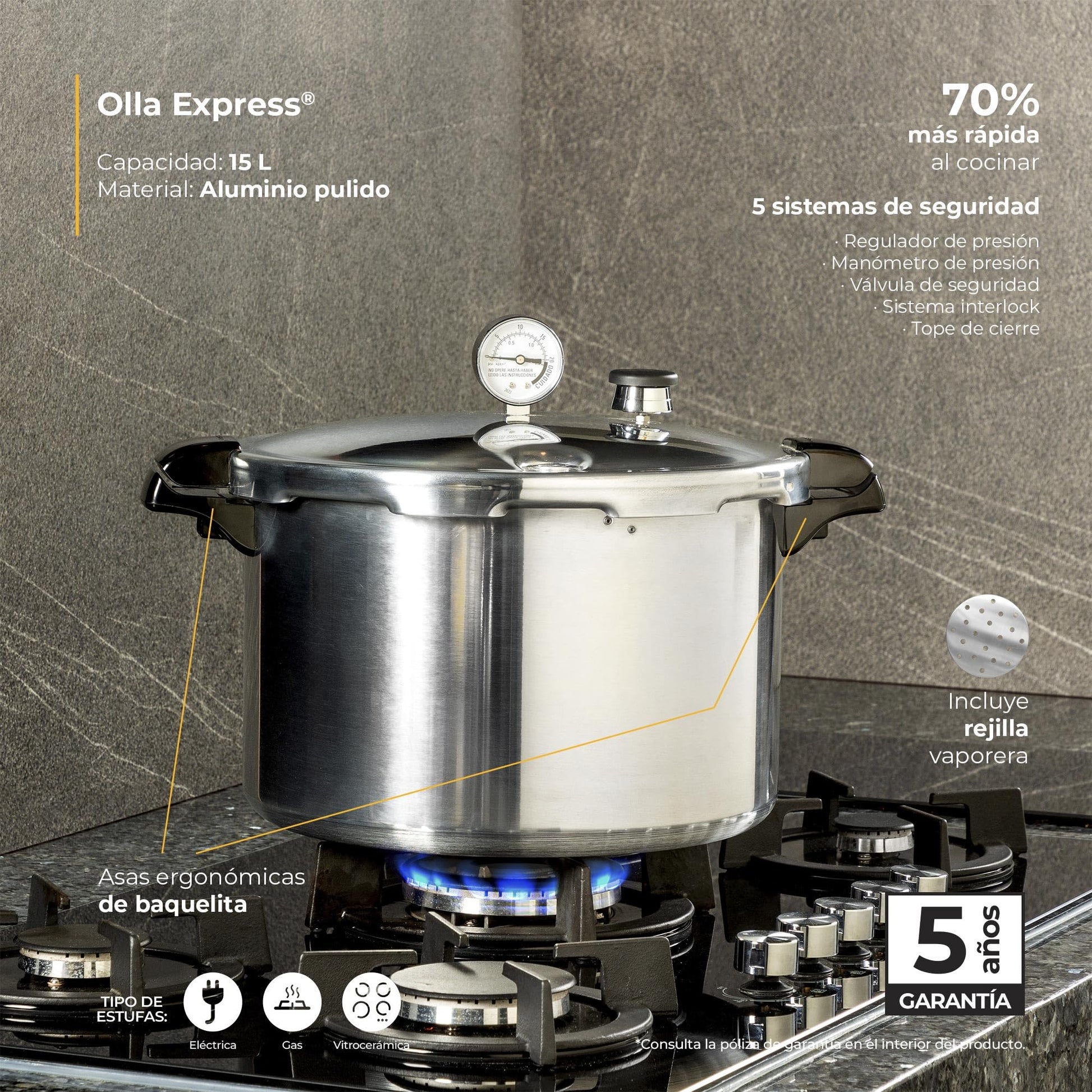 Olla Express Presto Aluminio 5 Sistemas de Seguridad 15 Litros
