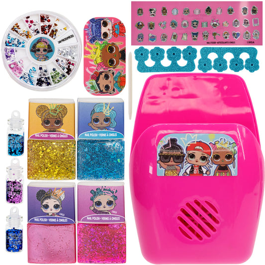 L.O.L. Surprise! Townley Girl, Non-Toxic Peel-Off Water-Based Safe Quick Dry Nail Polish Gift Kit Set for Kids Set With Nail Gem Wheel, Nail Stickers, Toe Spacers, Nail File, Glitter Vials, and Nail Dryer, Batteries Not Included, Ages 5+