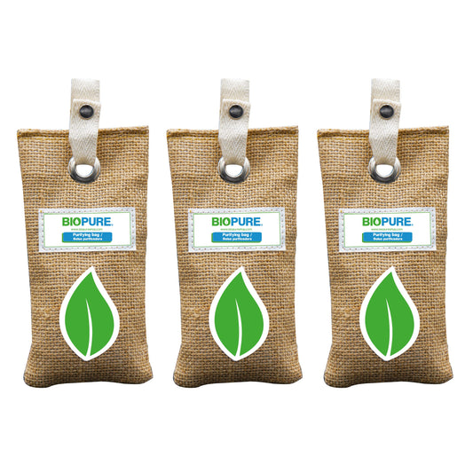 Biopure - Kit bolsas purificadoras - Carbón activado 100% biodegradable - Coco - Yute - Remueve malos olores, humedad, moho y alérgenos - Hecho en México - (225 gr)