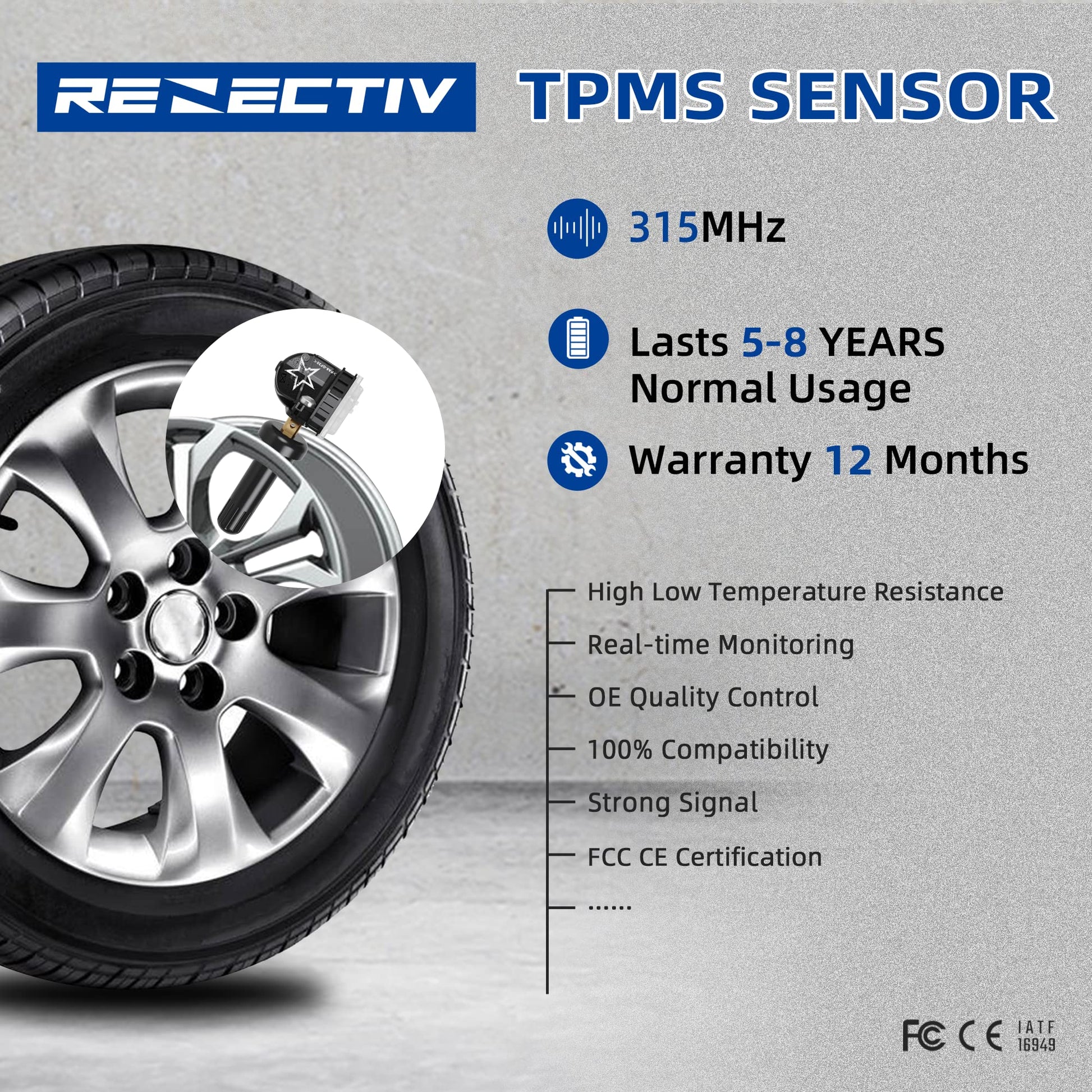 RENECTIV TPMS Sensor, 315MHZ Sistema de monitoreo de presión de neumáticos de repuesto para GM Chevy Buick GMC Pontiac Hummer Saturn OE#13598771 13586335 13581558 13598772 (4 piezas)