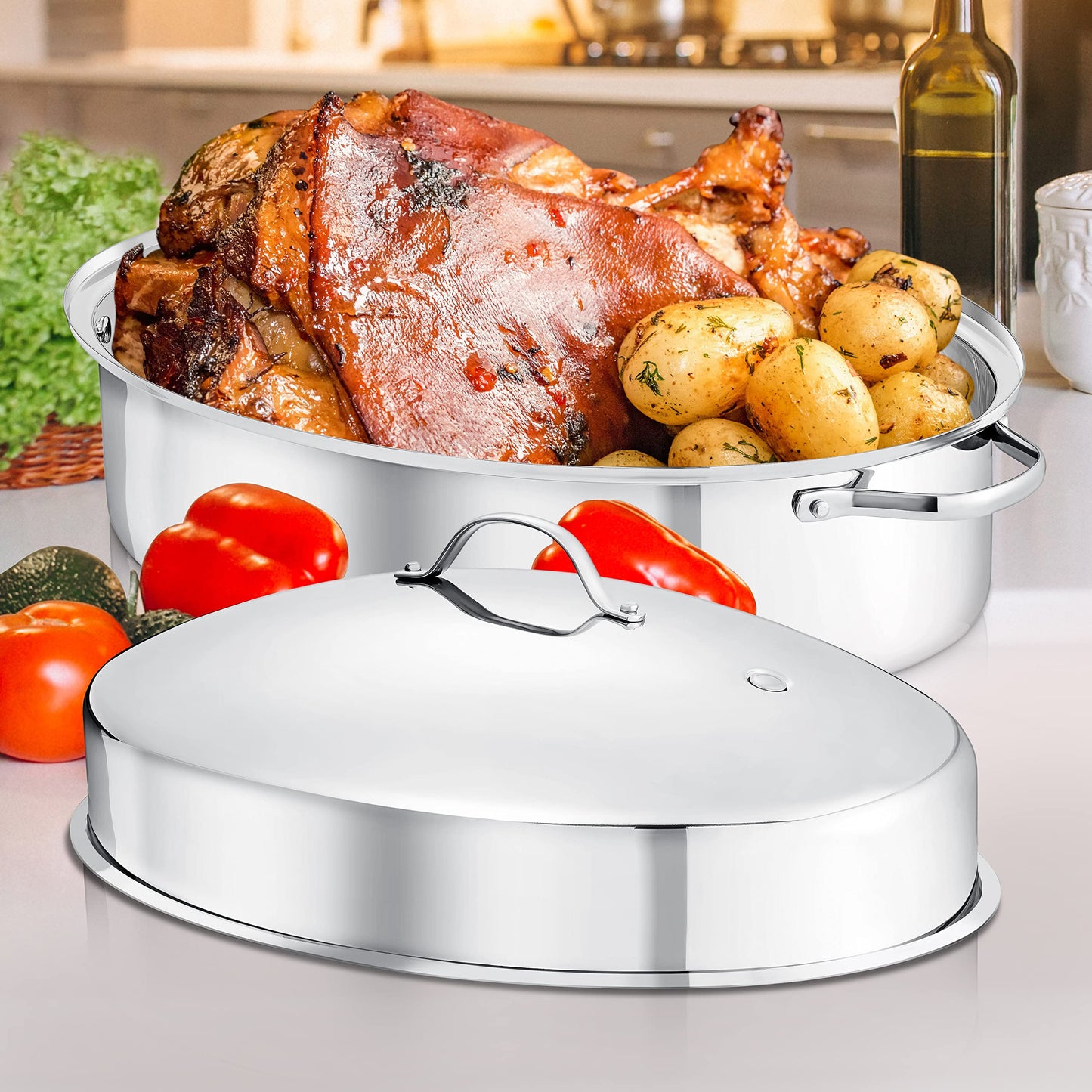 Sartén Ovalado NutriChef Acero Inoxidable Asas Anchas y Estante Extraíble
