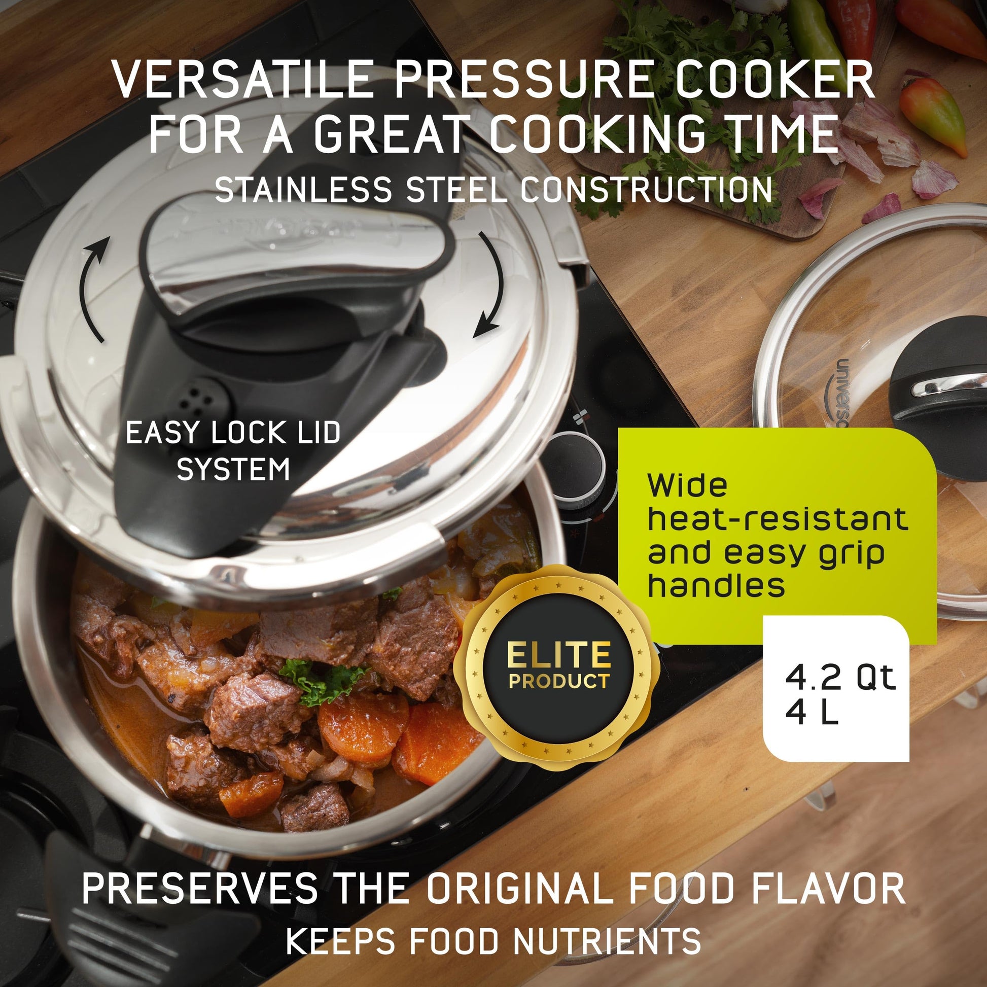 Olla de Presión Universal Acero Inoxidable 4 Litros con Tapa de Vidrio para Cocinas de Inducción