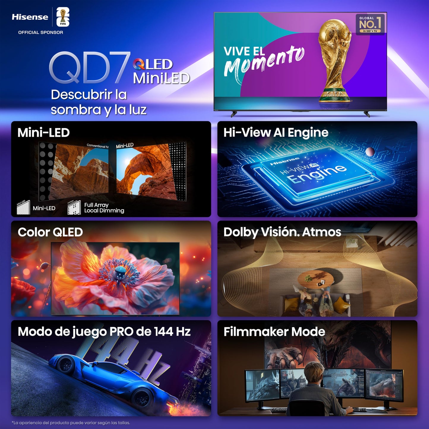 Hisense Television QD7QFM (Modelo 2025) Pantalla 75 Pulgadas,Mini-LED Smart Fire TV UHD 4K,Control Remoto por Voz con Alexa,Hi-View AI Engine,Modo de Juego Pro de 144 Hz,Dolby Vision·Atmos