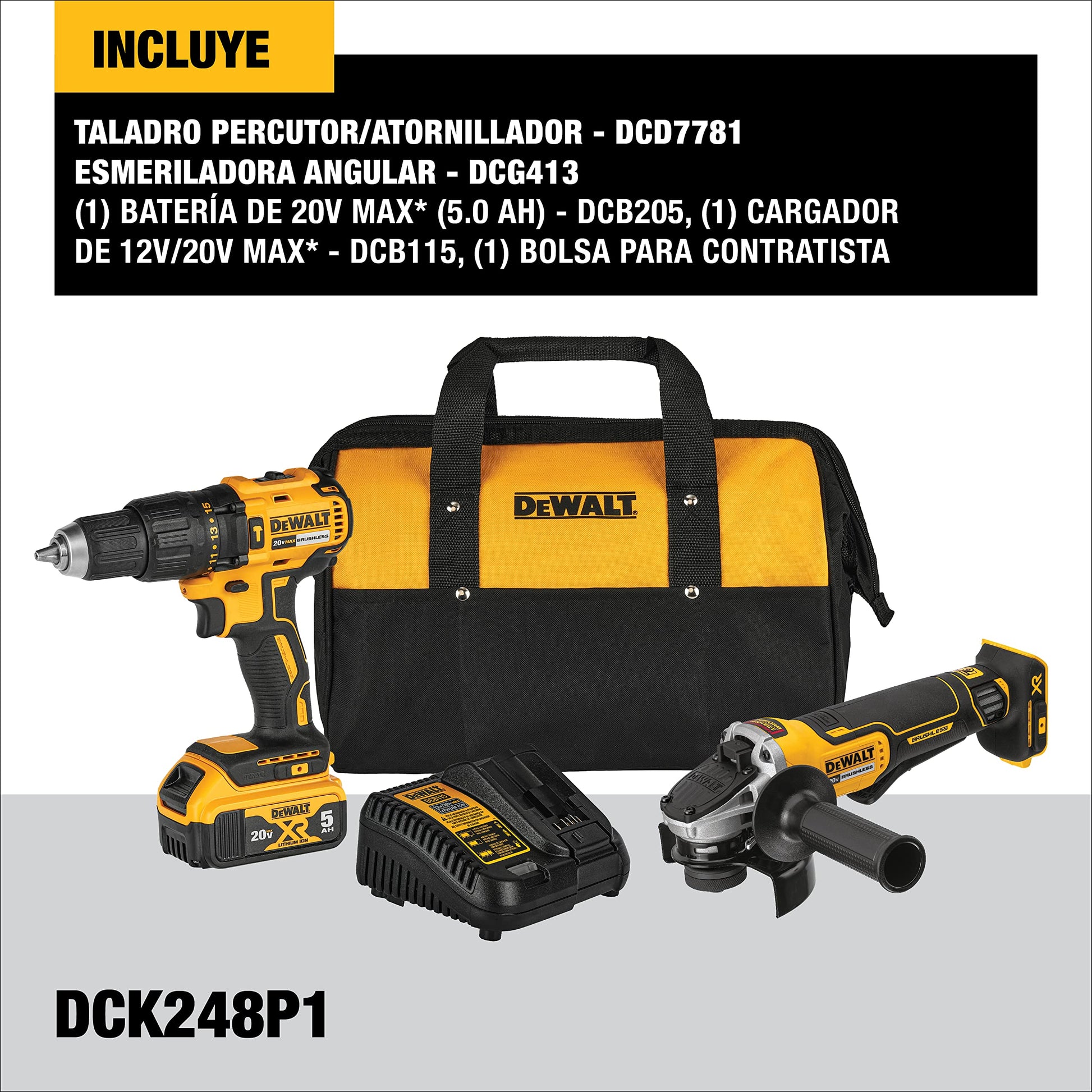 DEWALT Kit Taladro Rotomartillo y Atornillador, Esmeriladora, 20V máx, DCK248P1