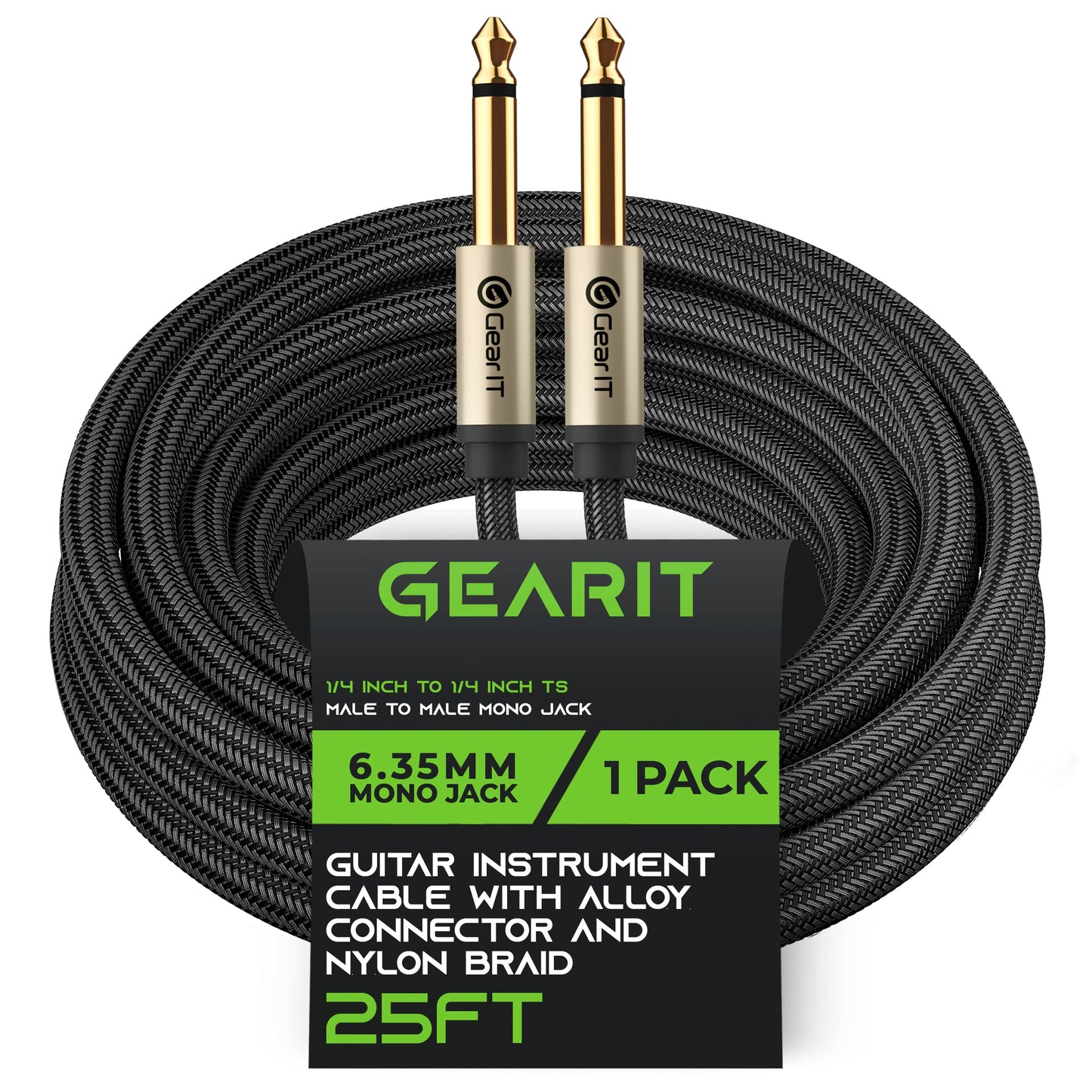 GearIT - Cable para guitarra eléctrica de 1/4 pulgadas a 1/4 pulgadas (7.6 metros TS recto, macho a macho, Mono Jack de 6.35 mm con conector de aleación y trenzado de nailon