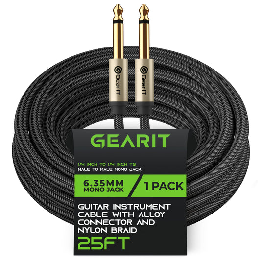 GearIT - Cable para guitarra eléctrica de 1/4 pulgadas a 1/4 pulgadas (7.6 metros TS recto, macho a macho, Mono Jack de 6.35 mm con conector de aleación y trenzado de nailon