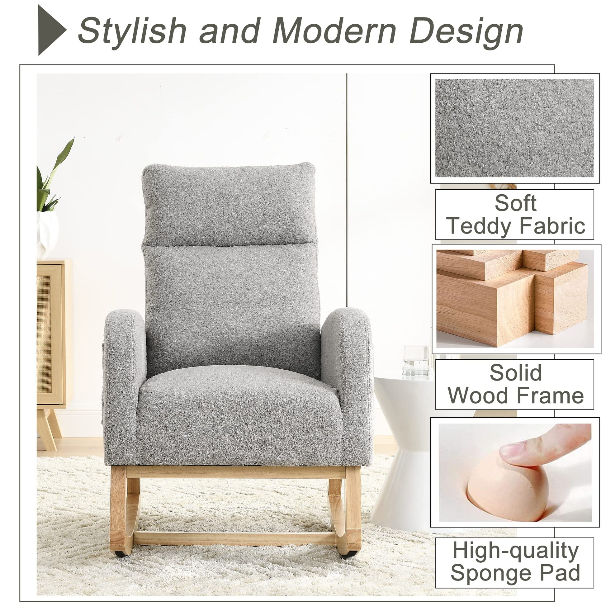 Krinana - Mecedora de guardería con patas de madera maciza, silla planeadora para guardería con dos bolsillos laterales, sillón basculante para sala de estar, recámara (gris, tela de peluche)