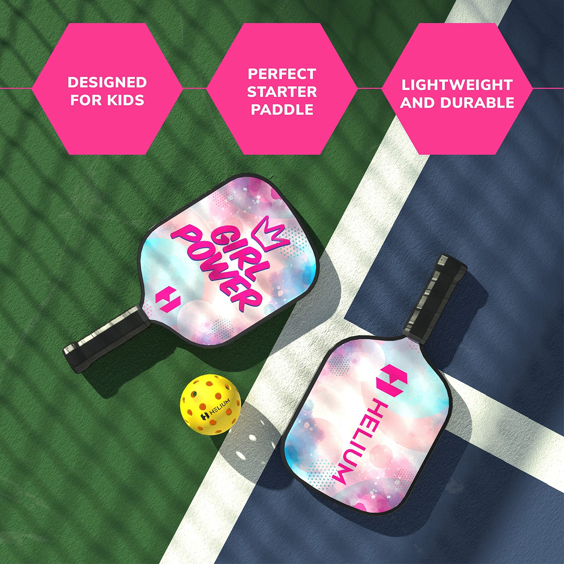 Helium Paleta de Pickleball para niños (2 Unidades, Girl Power), tamaño Infantil, núcleo de Panal, Cara de Impacto de Grafito, Agarre cómodo Premium, Pala de Pickleball y Bolsa con cordón