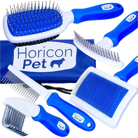 Horicon Pet Juego de cepillos para perros 6 en 1 de alta calidad – Cepillos de aseo para perros – Pin de bola y cepillo de cerdas, peine para desenredar cuchillas curvadas, cepillo para afilar, peine para desenredar mascotas