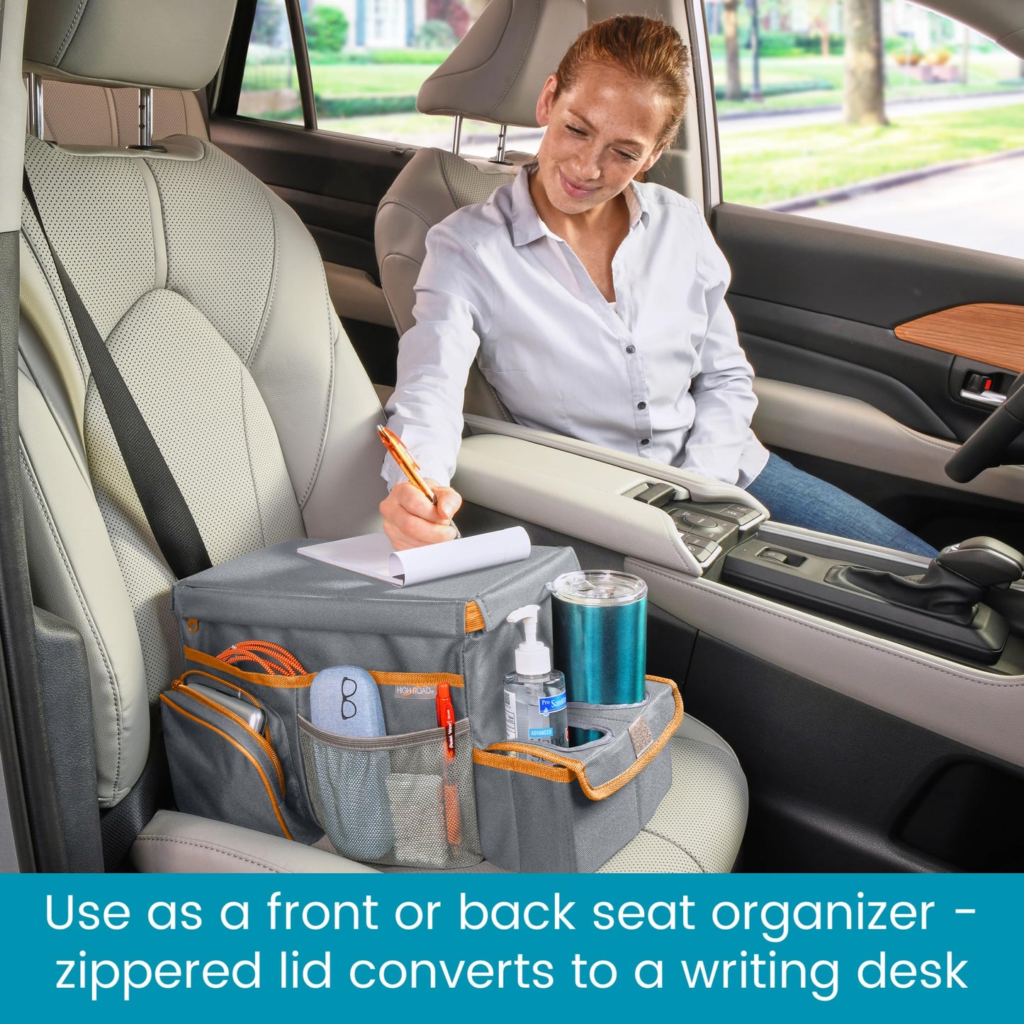 High Road CarHop Organizador de asiento de coche para niños y adultos con bandeja para portavasos y bolsillos laterales y compartimento para refrigerador (mediano, gris)