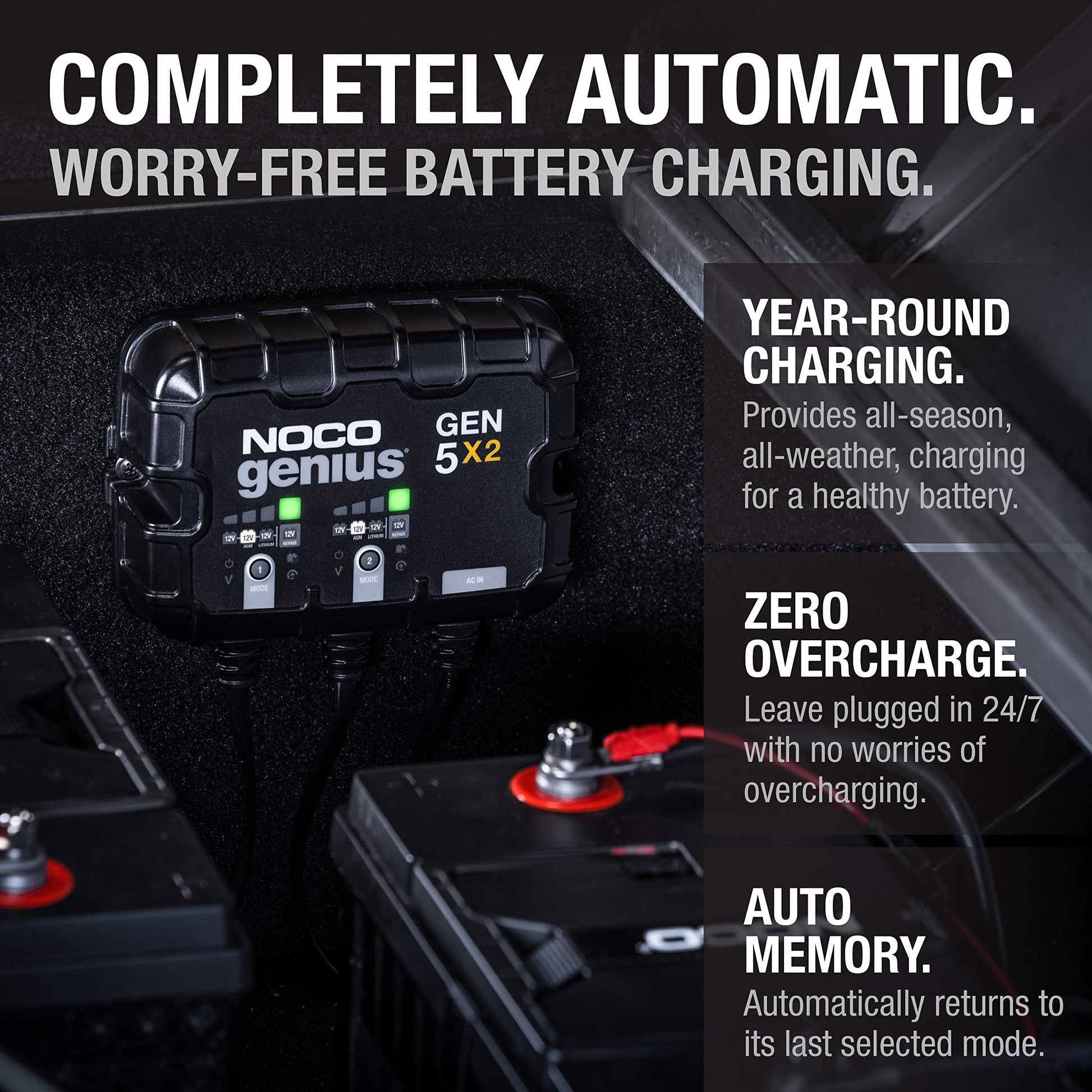 NOCO Genius GEN5X2, cargador de batería inteligente marino de 2 bancos, 10 A (5A/Banco), cargador de barco a bordo, impermeable de 12 V, mantenedor de batería y desulfador para baterías AGM, litio (LiFePO4) y ciclo profundo