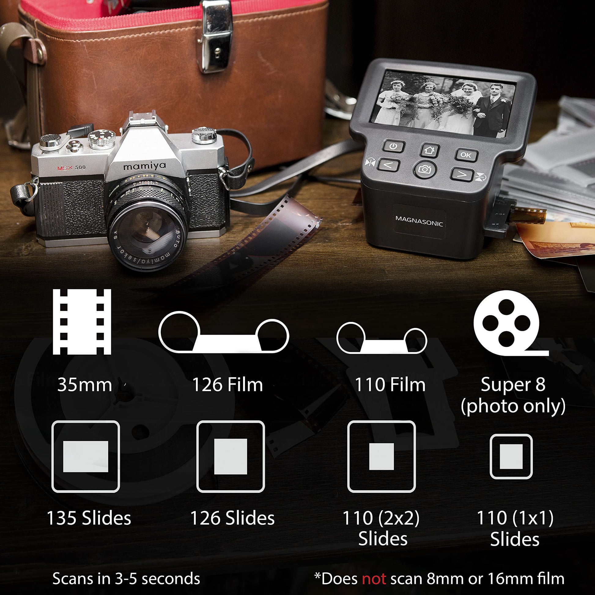 Magnasonic - Escáner FS71, 24 MP, pantalla de 5 pulgadas y HDMI, digitaliza película de 35/126/110 mm, Super 8 / diapositivas de 135/126/110, memoria integrada