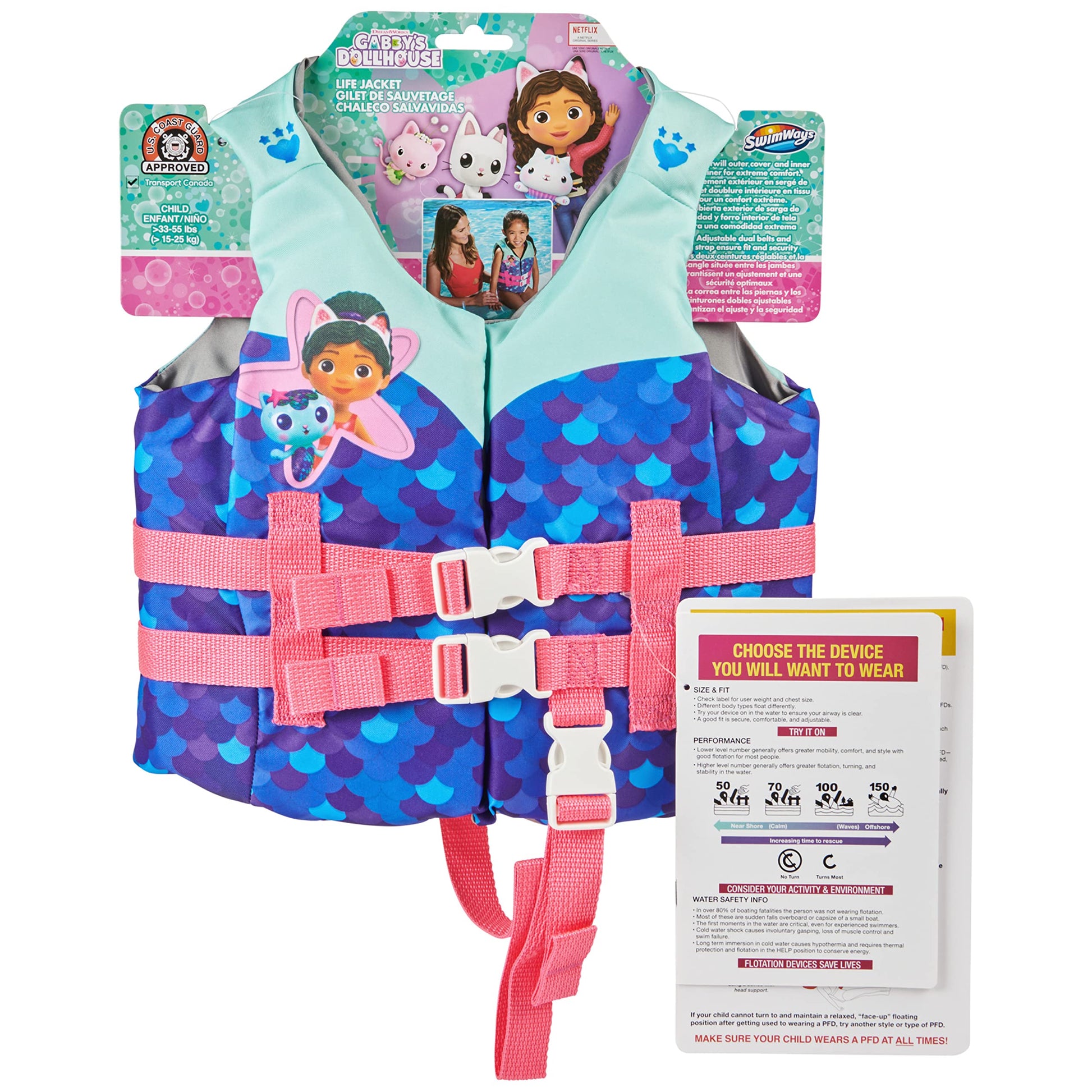 Chaleco Salvavidas SwimWays Gabby's Dollhouse para Niños Aprobado por la Guardia Costera estadounidense 33-55 lbs