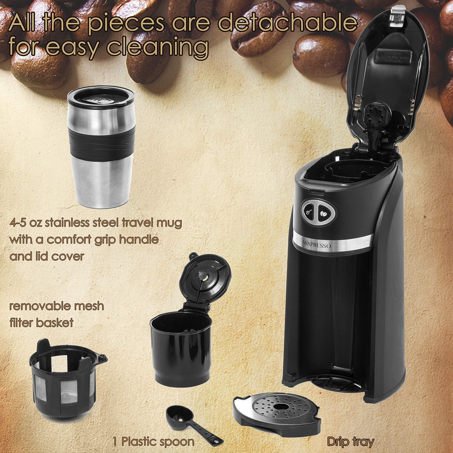 Cafetera Automática Mixpresso Negra con Molinillo Integrado y Taza de Viaje 14 Onzas