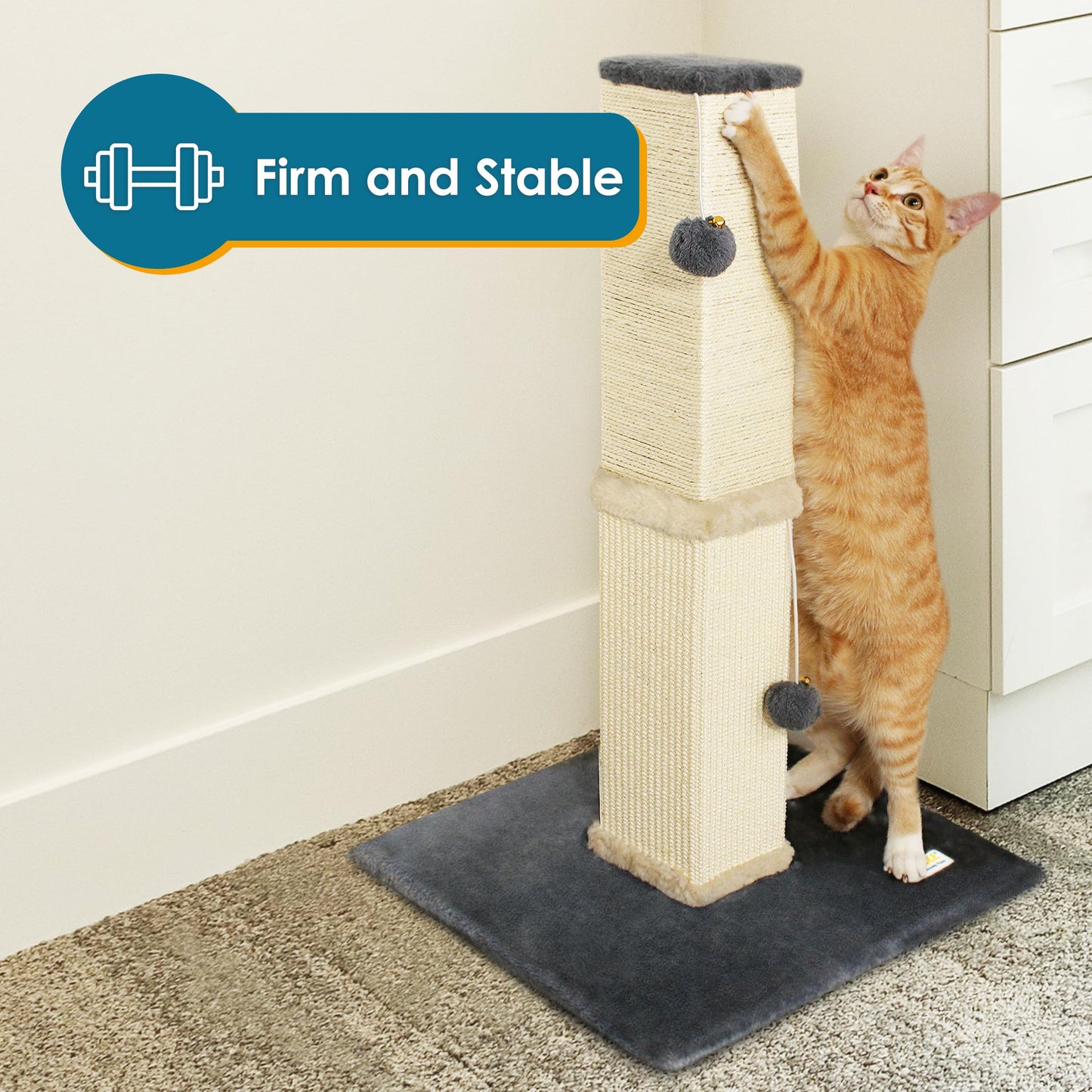 Torre Rascador para Gatos PAWBEE Beige de 32 Pulgadas con Campanas y Bolas de Felpa