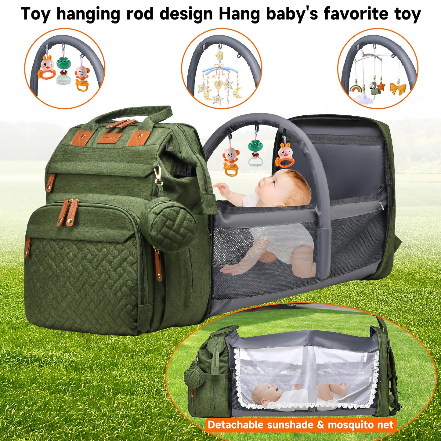 AHNTTGS - Bolsa de pañales con estación cambiadora, mochila de pañales de gran capacidad para mamás papás con puerto de carga USB, mochila impermeable para pañales (verde militar)