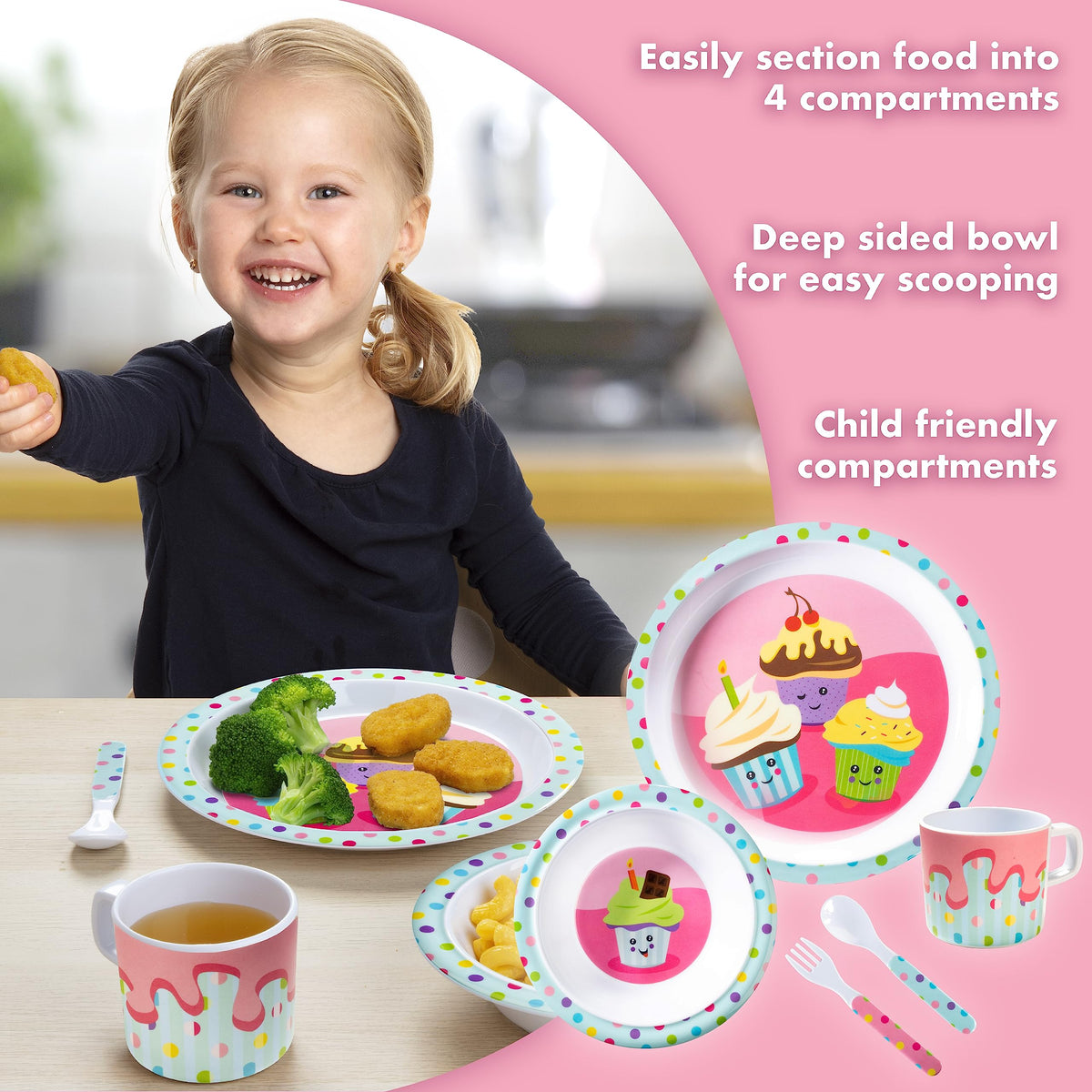 Juego de 5 piezas de alimentación para niños y niños pequeños – Cupcake – Incluye plato, tazón, taza, tenedor y cuchara, utensilios de cubiertos – Duradero, apto para lavaplatos, última intervensión