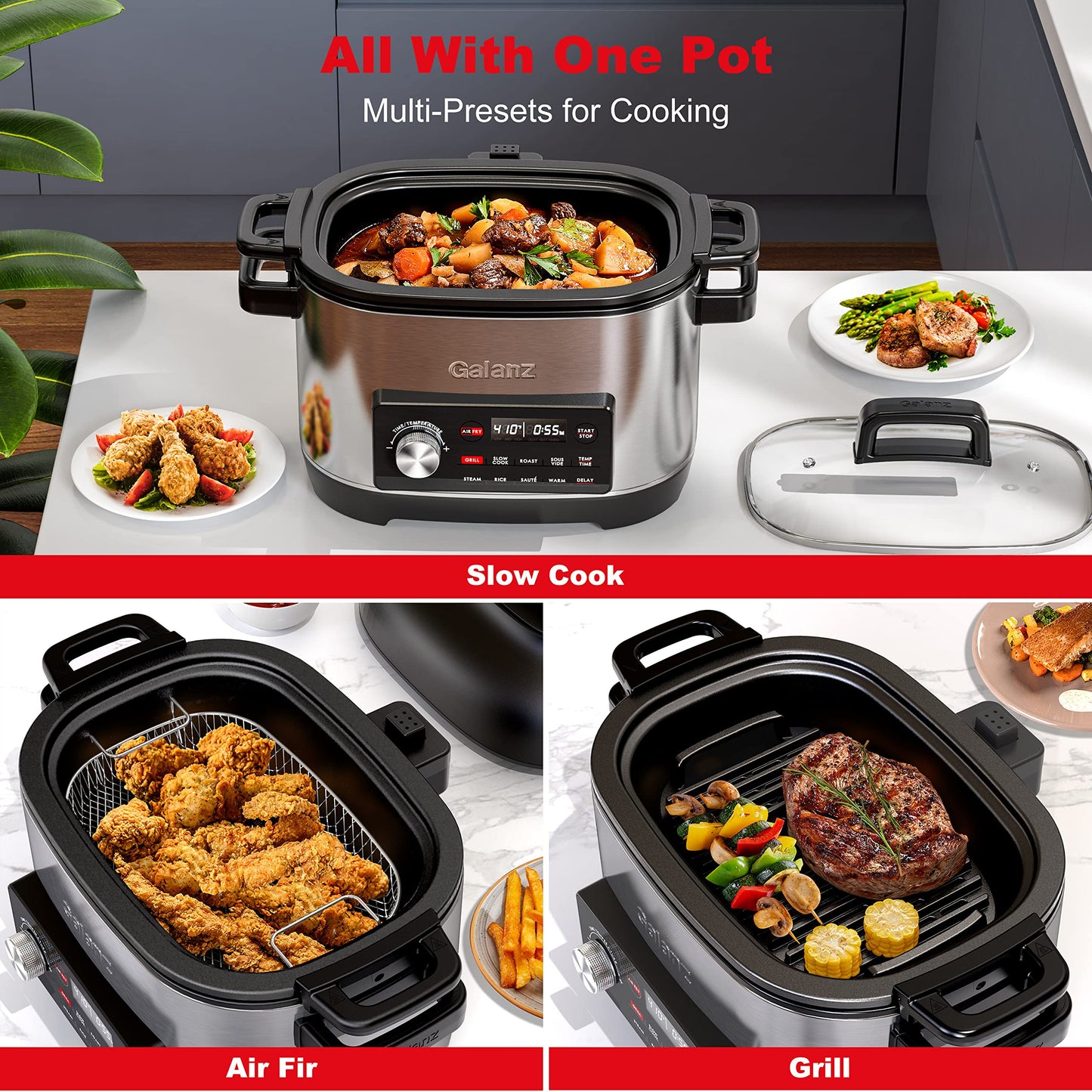 Galanz Cocina múltiple 8 en 1 con freír al aire, al aspiradora, arroz, saltear, cocción lenta, vapor, asado y parrilla, tazón extraíble de 8 cuartos de galón, 8 programas preestablecidos, acero inoxidable