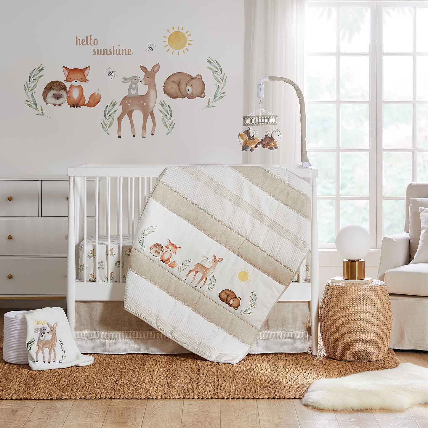 Levtex Baby - Juego de cama para cuna Woodland Pals, juego de guardería para bebé, color café pardo crema, verde pardo, amigos del bosque, juego de 5 piezas, incluye edredón, una sábana bajera,