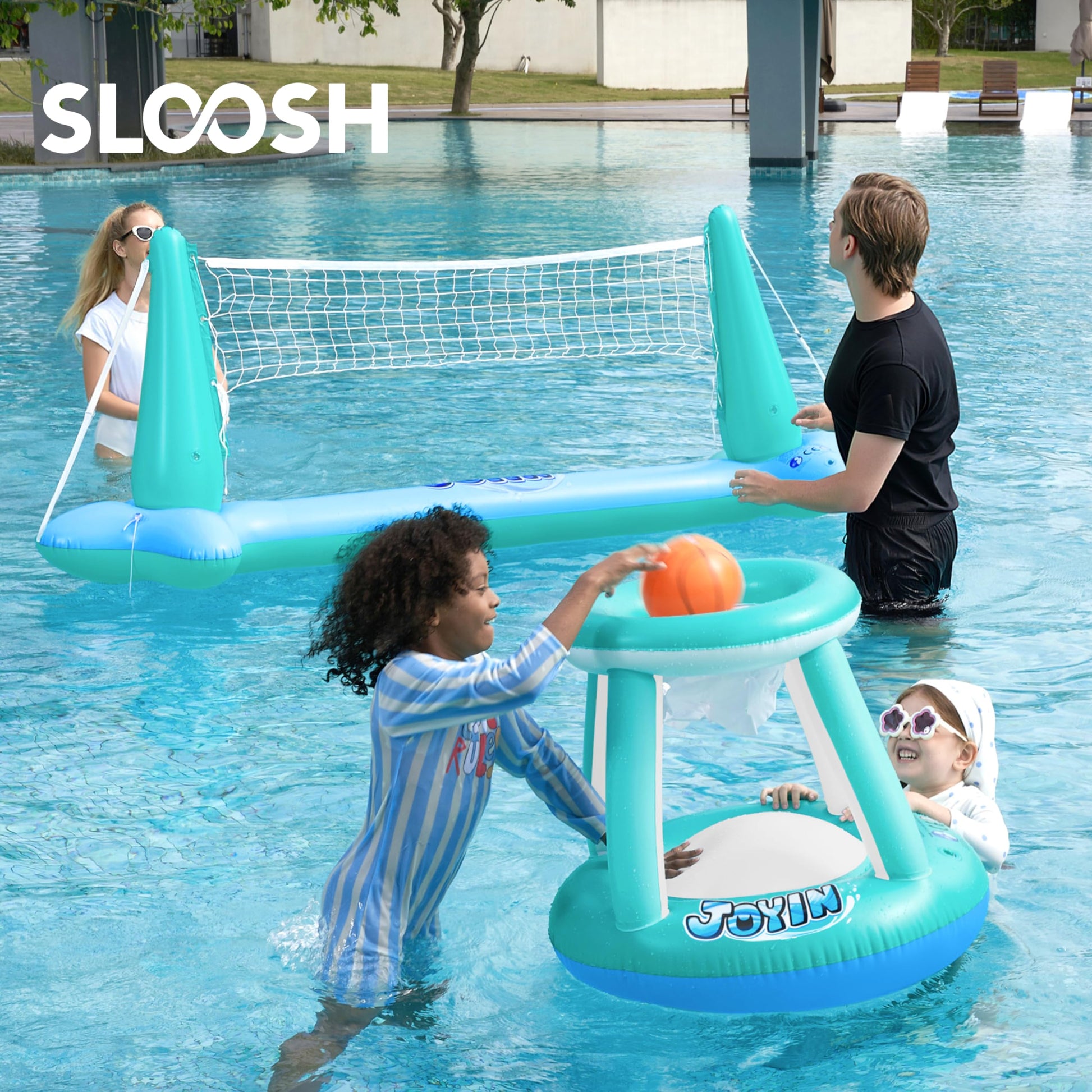 Juegos de Piscina inflables Red de Voleibol y básquetbol, Juguetes de natación Flotante para niños y Adultos, carrozas de Verano, canchas de Voleibol y Baloncesto