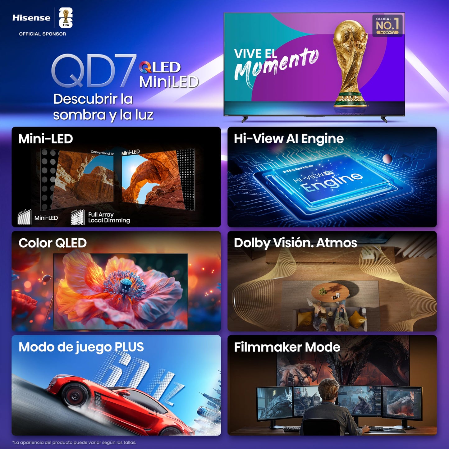 Hisense Television QD7QFM (Modelo 2025) Pantalla 65 Pulgadas,Mini-LED Smart Fire TV UHD 4K,Control Remoto por Voz con Alexa,Hi-View AI Engine,Modo de Juego Plus,Dolby Vision·Atmos