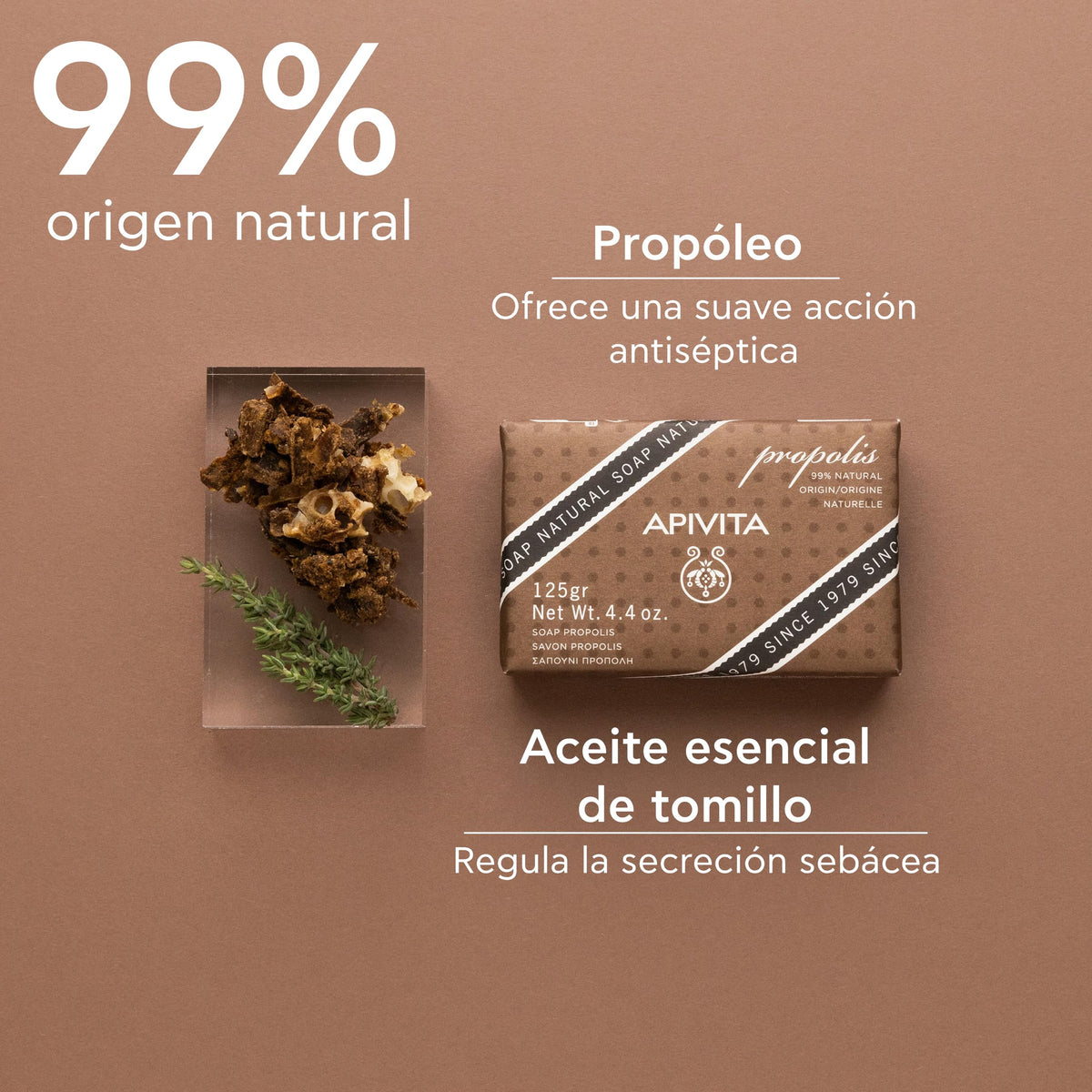 Apivita Jabón Natural con Propóleo y Tomillo 125g – Limpieza Suave para Rostro y Cuerpo – 99% Ingredientes Naturales – Ideal para Piel Grasa y con Acné