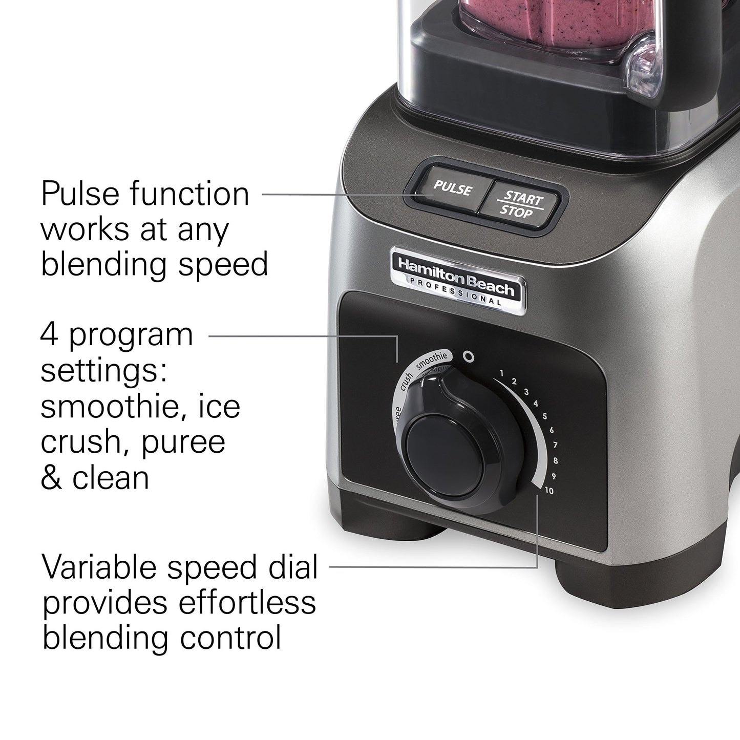 Hamilton Beach Licuadora profesional de 1500 W, silenciosa con jarra de 32 oz sin BPA y 4 programas, plateado (58870)