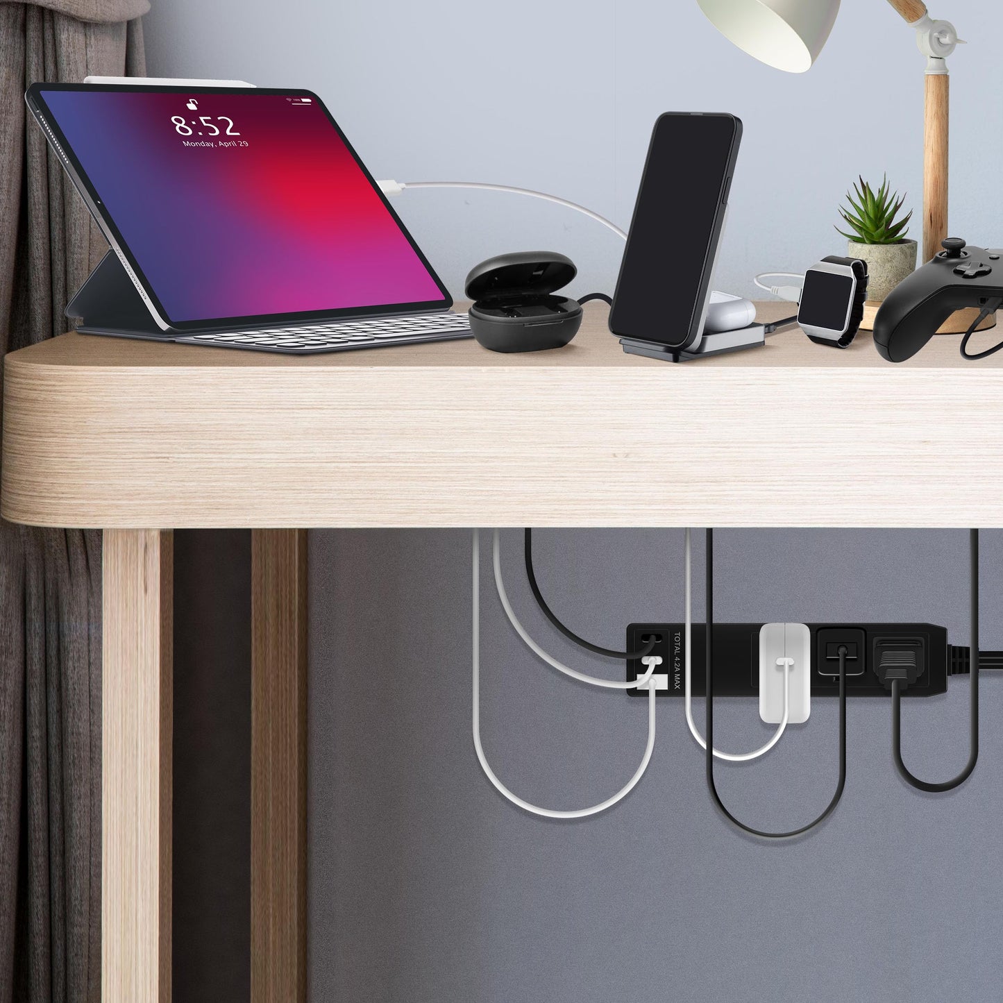 LIDER Extensor de Enchufe con 3 receptáculos, USB tipo A y 2 puertos USB tipo C, enchufe plano ultrafino con extensor de cable, regleta de 3 tomas, diseño en ángulo delgado, certificado UL, cable de