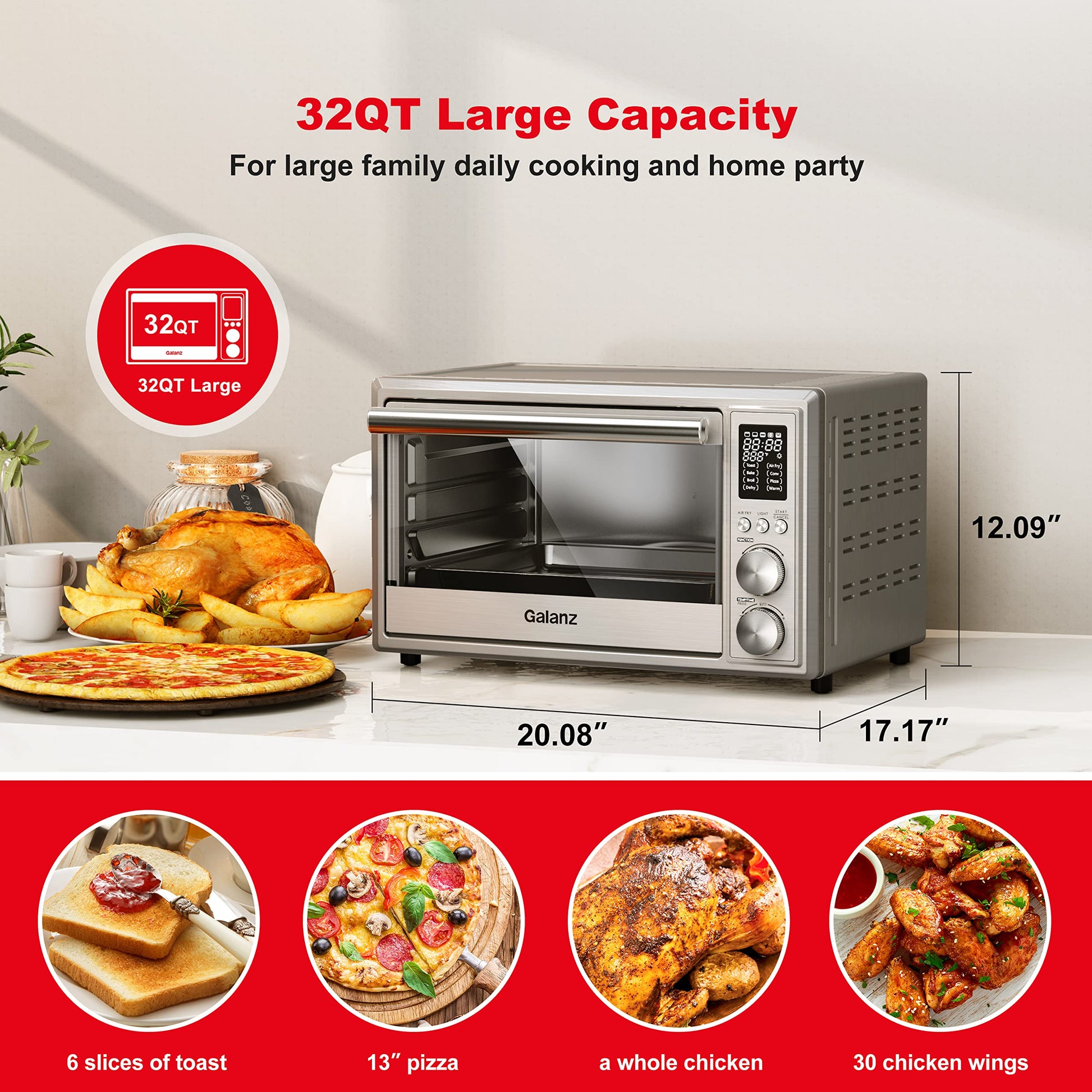 Galanz GT12SSDAN18 - tostador digital para freír y asar 8 en 1, horno de convección con pizza y deshidratado, 4 accesorios incluidos, 1800W, 26 cuartos de galón grande, acero inoxidable, 30L, 2