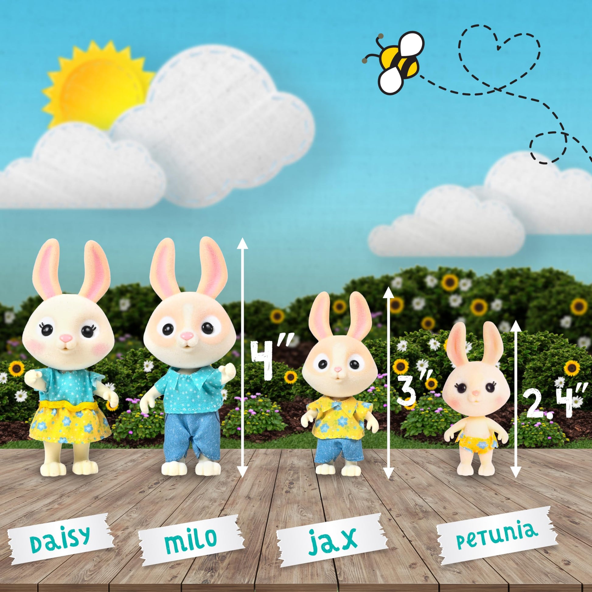 Honey Bee Acres - Juego de muñecas McScampers Bunny, 4 figuras de conejo miniaturas, unisex, 3 años en adelante, San Valentín, Pascua