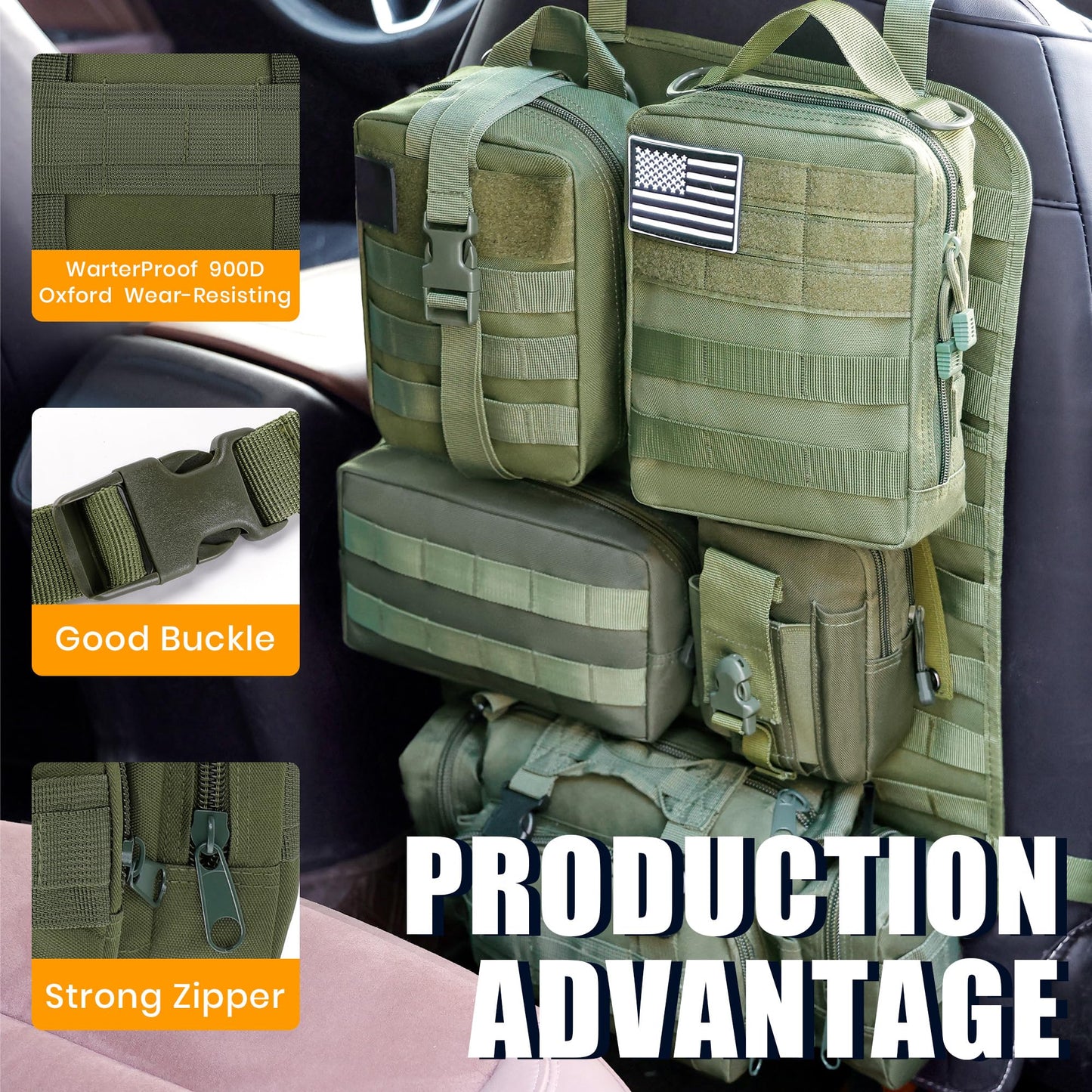 Paquete de 6 organizadores tácticos MOLLE para respaldo de asiento de automóvil - Bolsa de almacenamiento universal para vehículos con 5 bolsas MOLLE desmontables, parche de bandera de EE.UU. y