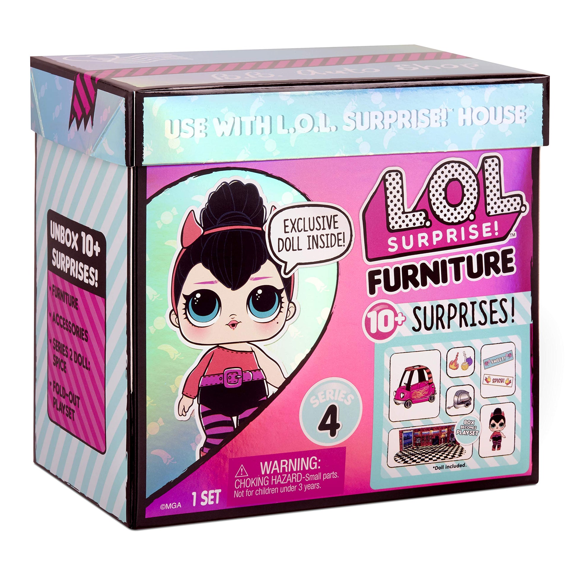 LOL Surprise Furniture con la Muñeca Spice de la Serie 2 - 10+ Sorpresas, Set de Auto, Accesorios y Más - Compatible con LOL Surprise House - Juego Plegable - Coleccionable - A partir de 3 años