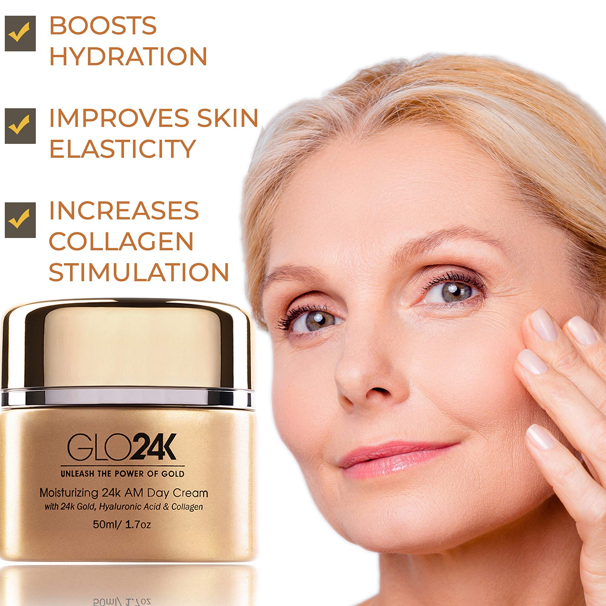 GLO24K Crema de día hidratante con oro de 24 k, antienvejecimiento con vitaminas, ácido hialurónico, colágeno