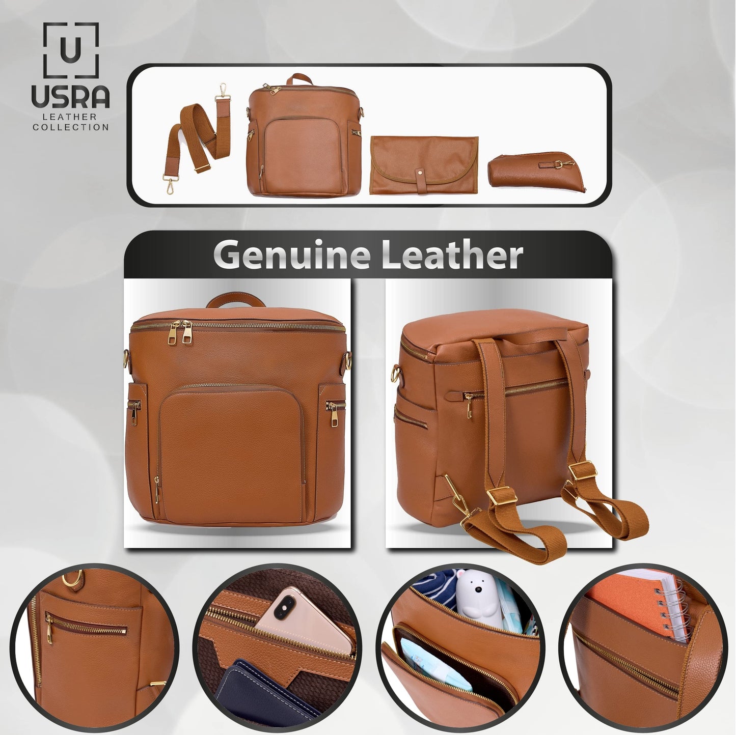 USRA - Bolsa de pañales de piel auténtica, mochila para mamás, organizador de bolsa de maternidad funcional de calidad duradera, Marrón, Large, Piel auténtica