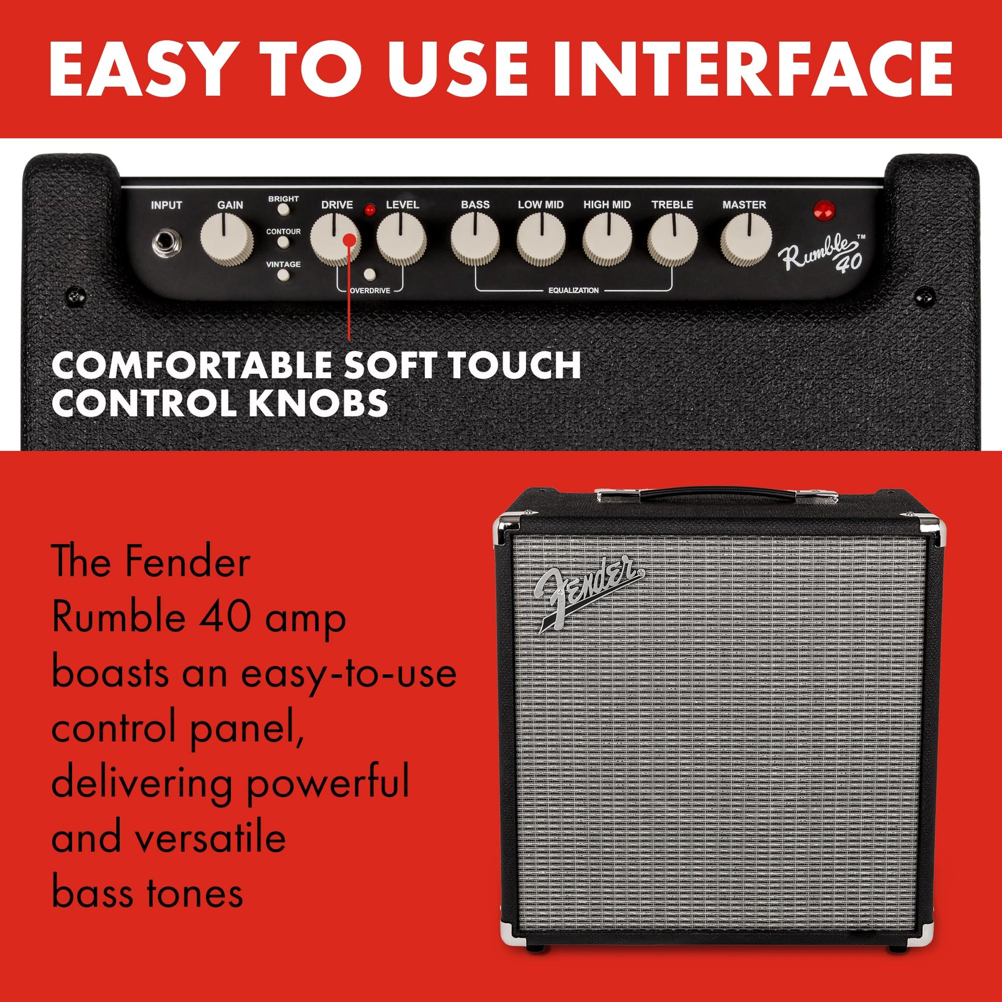 Fender Rumble 40 V3 Bass Amp for Bass Guitar, Bass Combo, 25 Watts, with 2-Year Warranty 8 Inch Speaker, with Overdrive Circuit and Mid-Scoop Contour Switch