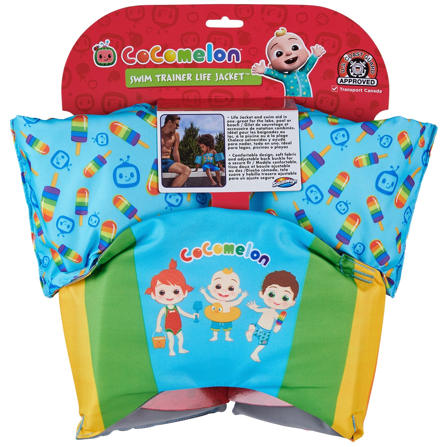 Chaleco Salvavidas SwimWays Cocomelon Verde, Aprobado por la Guardia Costera de Estados Unidos para Niños de 33 a 55 Libras