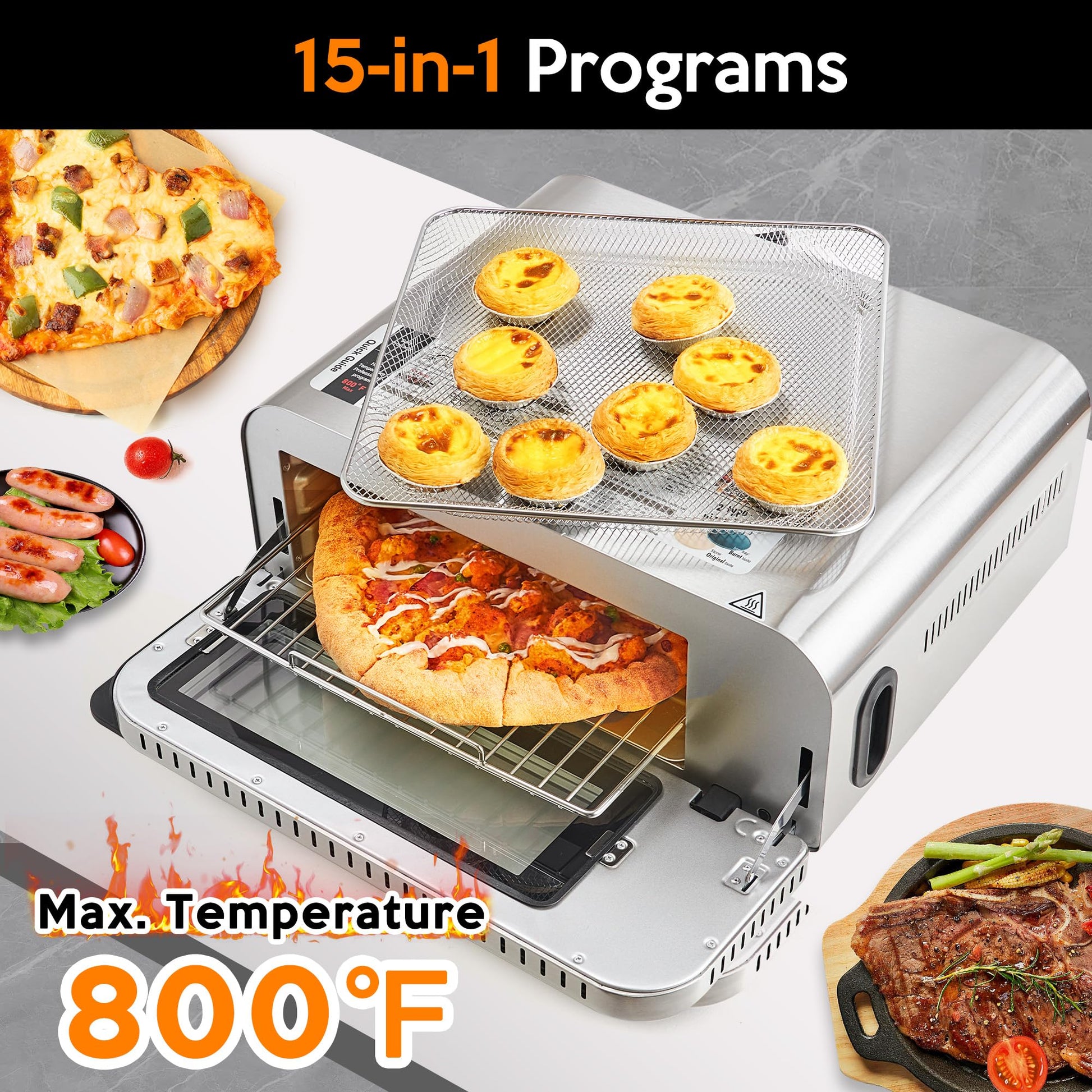 Horno eléctrico de pizza para interiores calienta hasta 1000 °F, hace pizzas de 12 pulgadas en minutos, horno de encimera con 15 funciones y 10 accesorios para múltiples funciones, acero inoxidable